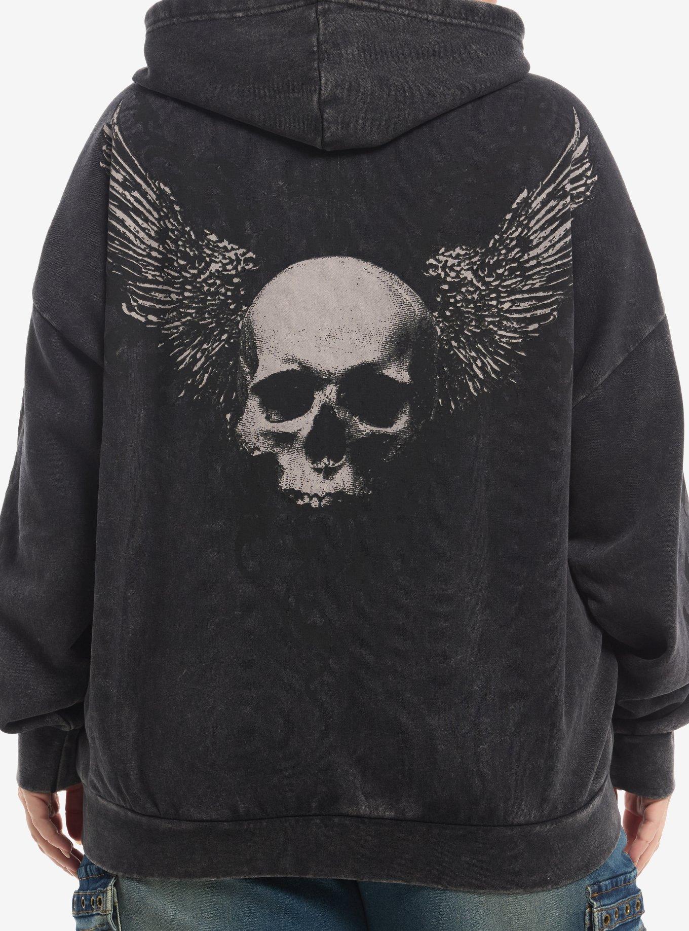 Social Collision Skull Stack Filigree Dark Wash Girls Hoodie Plus Size, , hi-res