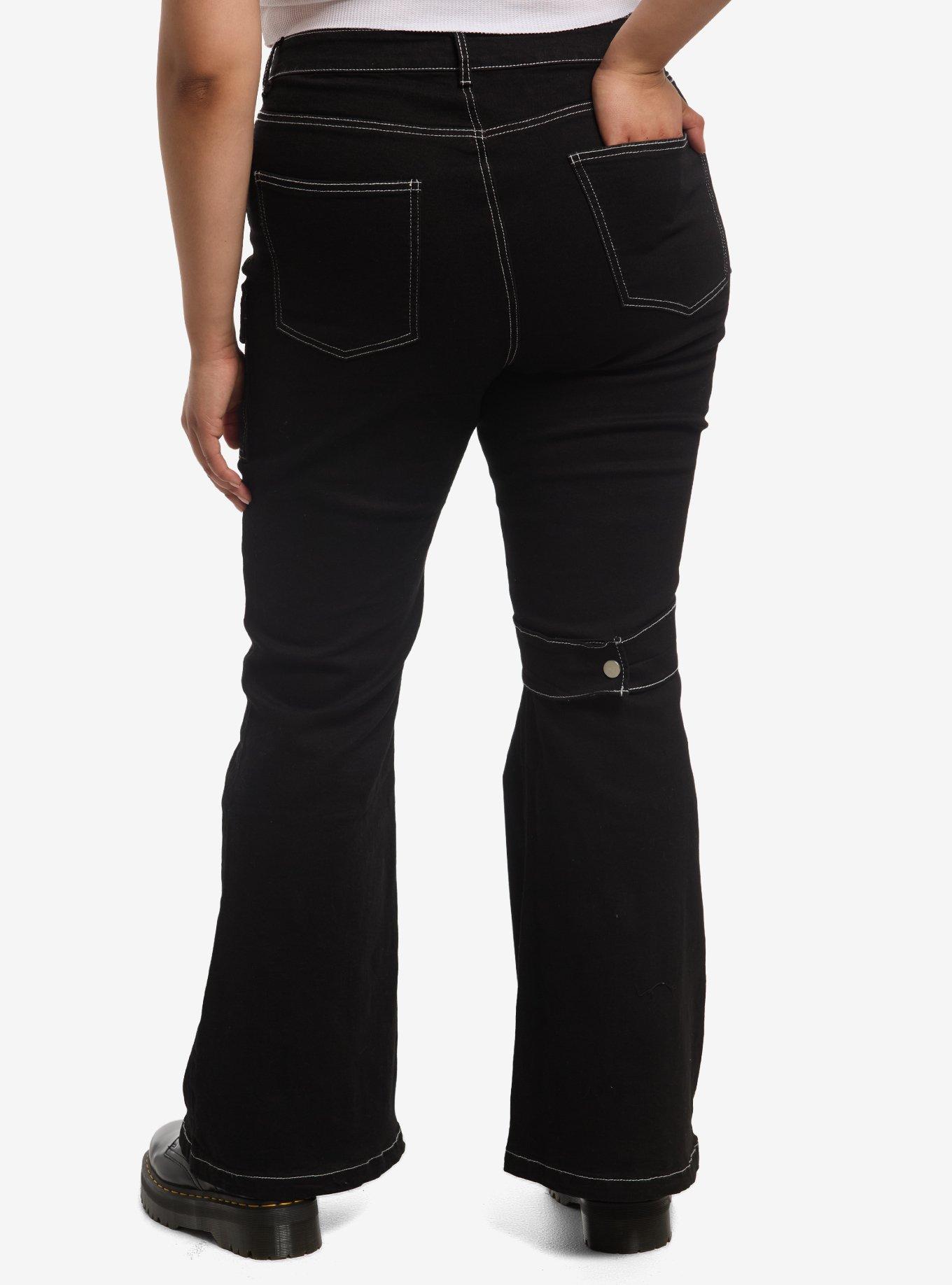 Black Harness Strap Buckle Cargo Jeans Plus Size, , hi-res