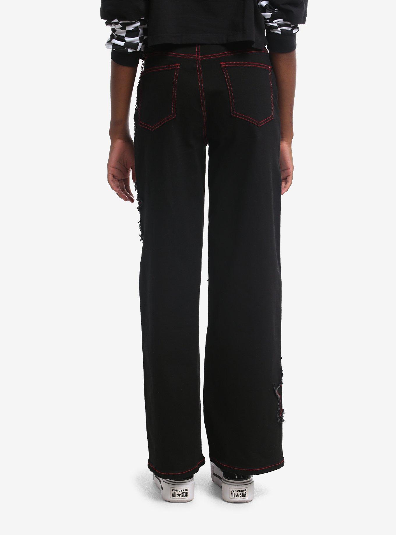 Social Collision Black & Red Star Patch Jeans With Side Chain, , hi-res