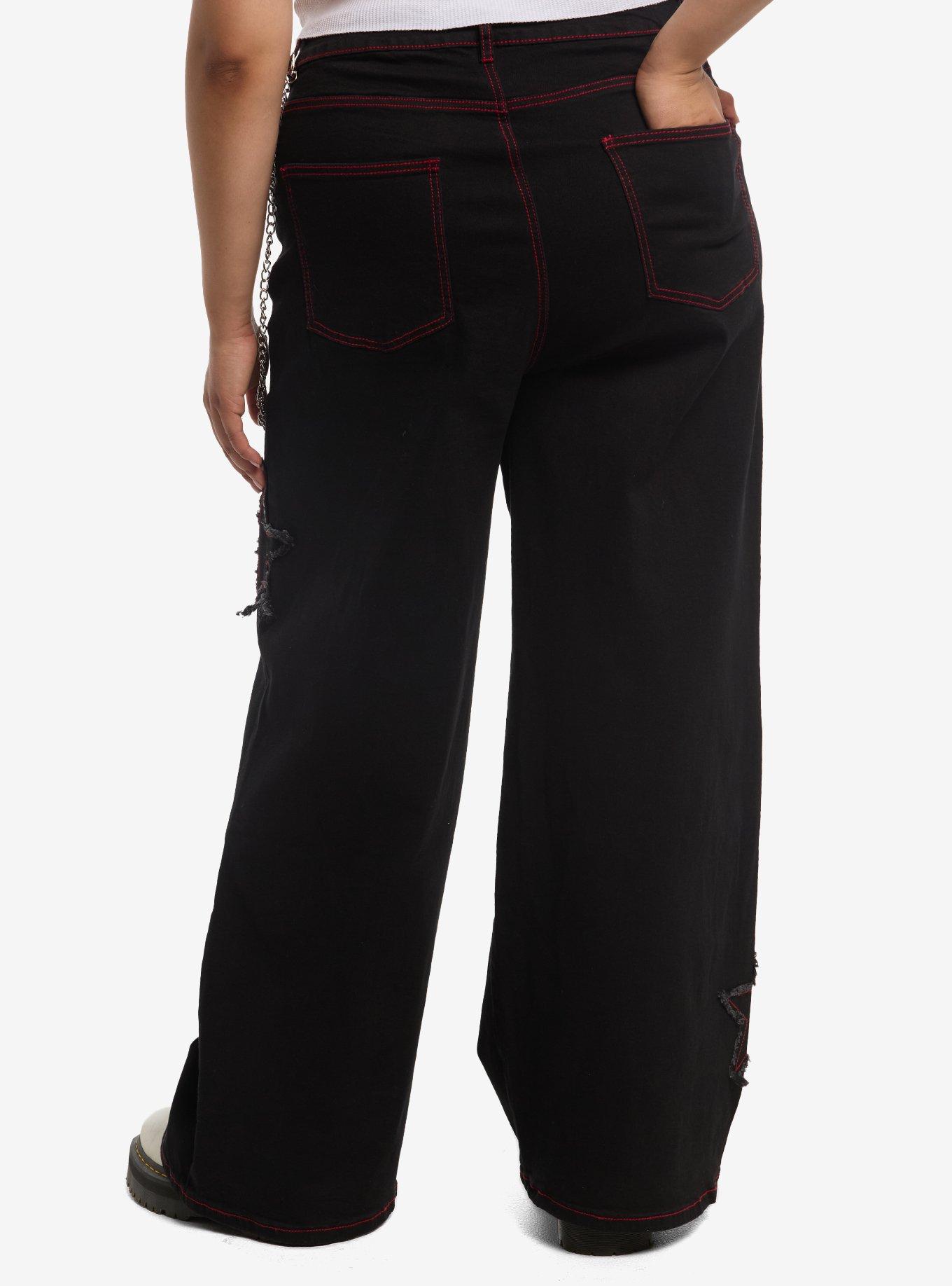 Social Collision Black & Red Star Patch Jeans With Side Chain Plus Size, , hi-res