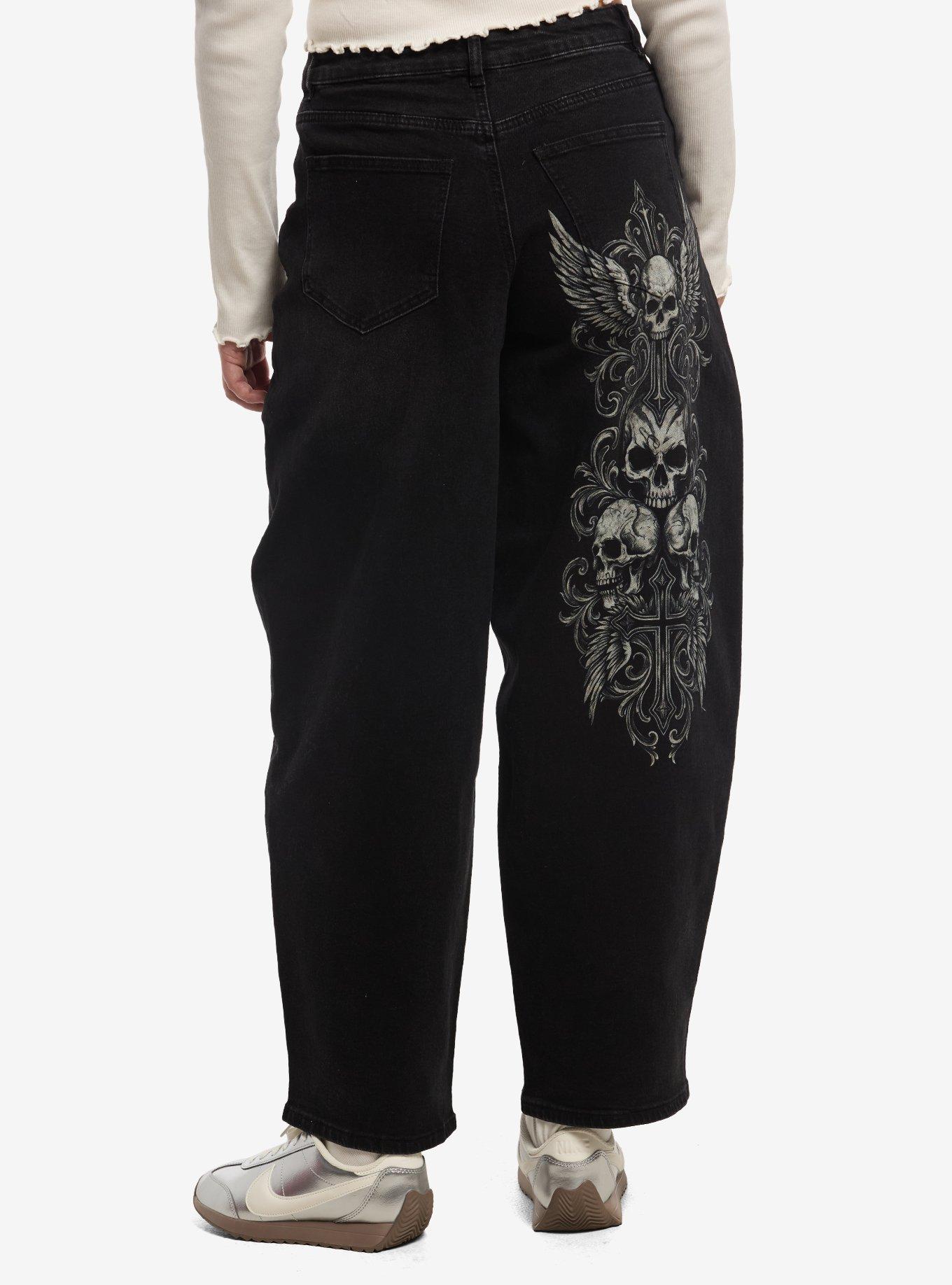Social Collision Black Winged Skull Wide Leg Jeans, , hi-res