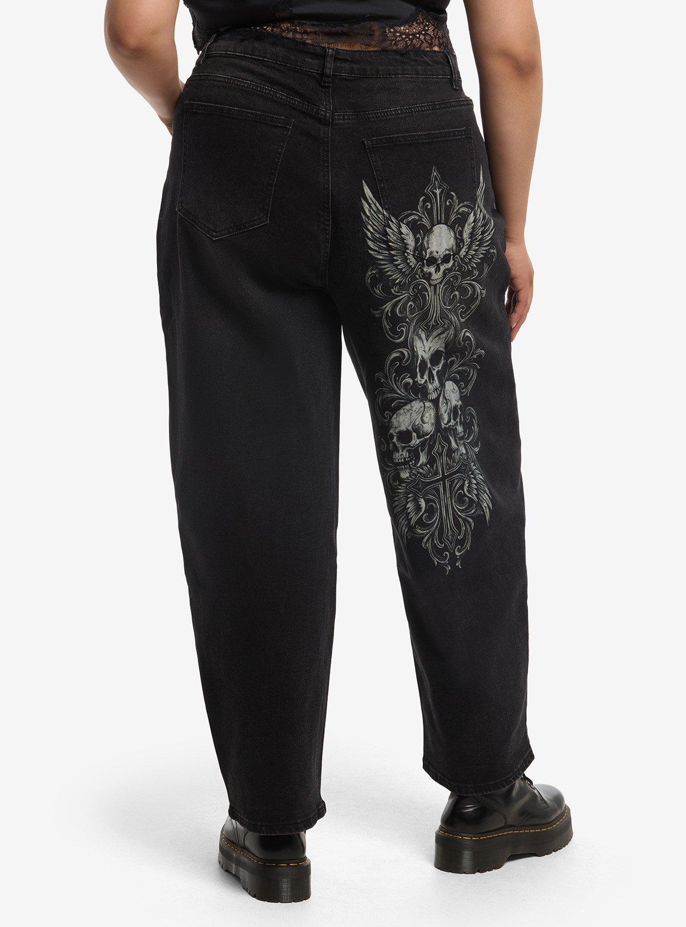 Social Collision Black Winged Skull Wide Leg Jeans Plus Size, , hi-res