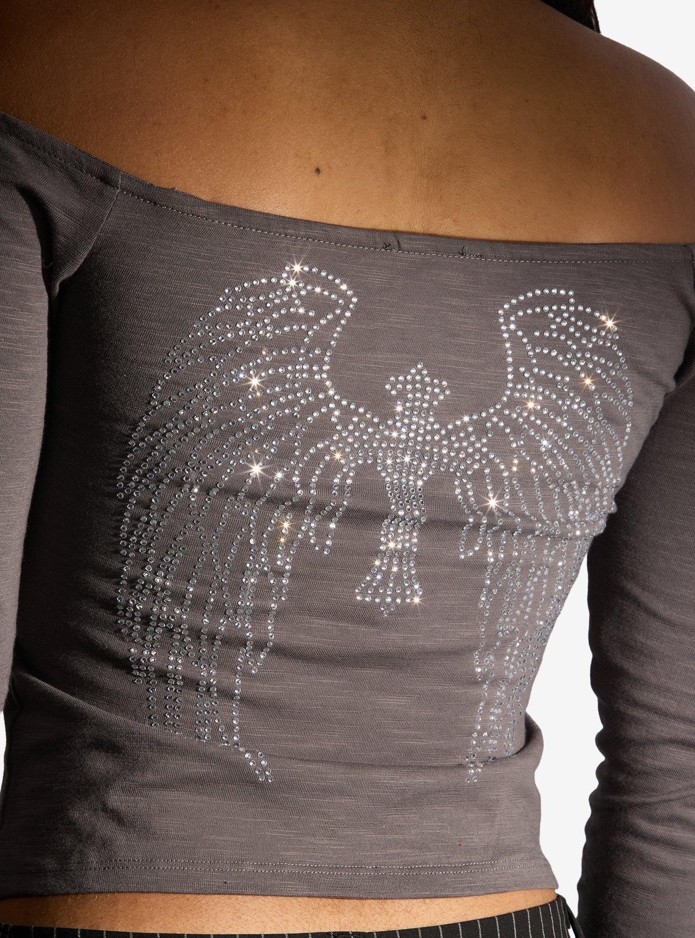 Social Collision Skull & Wings Rhinestone Girls Off-Shoulder Top, MULTI, alternate - view 4