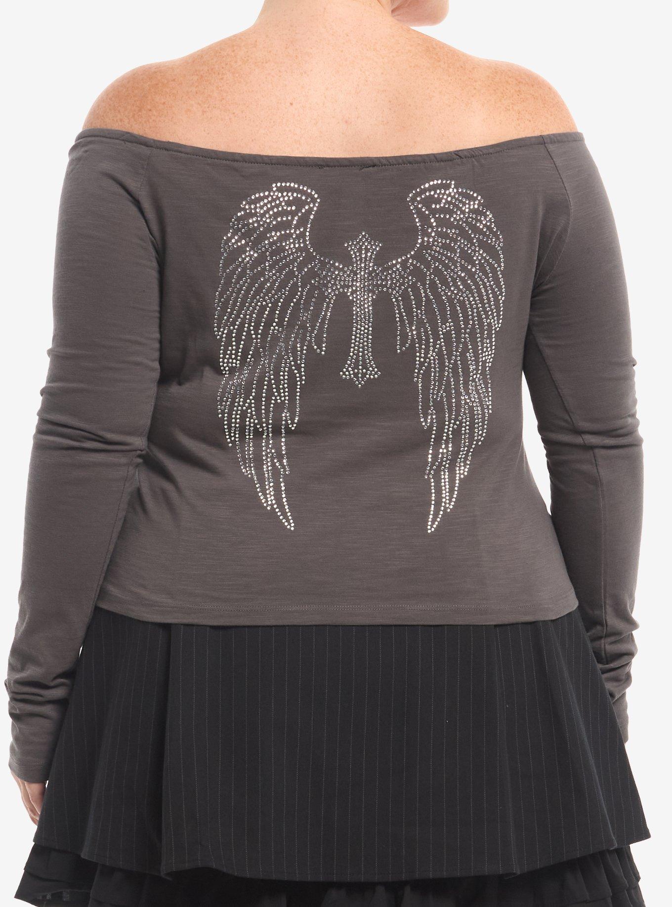 Social Collision Skull & Wings Rhinestone Girls Off-Shoulder Top Plus Size, , hi-res