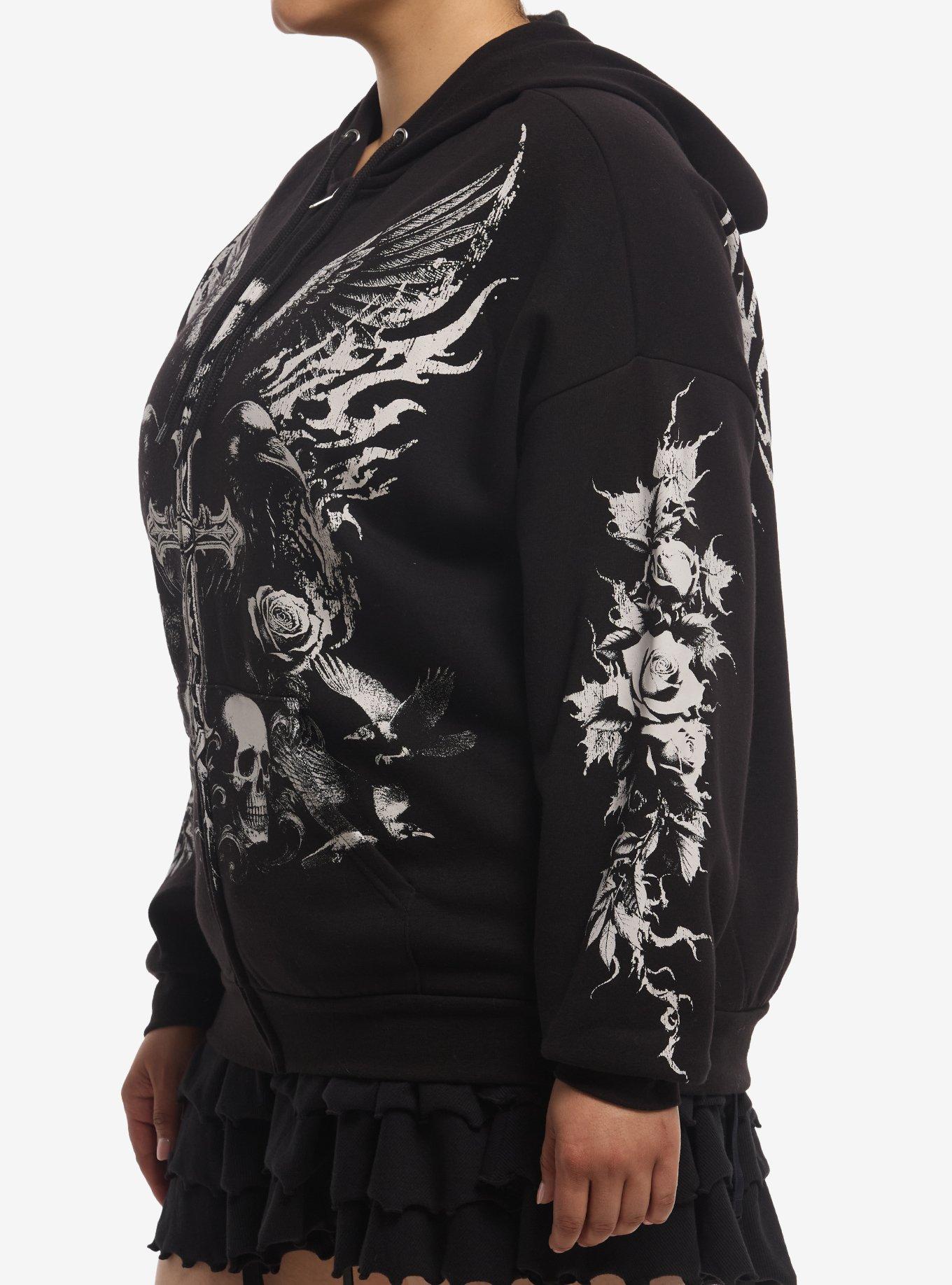 Cosmic Aura Raven Skull Cross Girls Hoodie Plus Size, MULTI, alternate - view 4