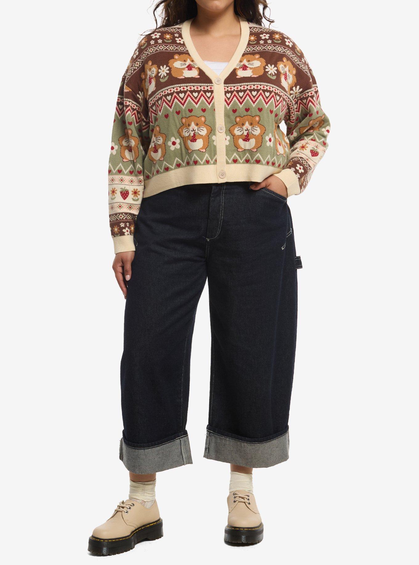 Thorn & Fable Hamster Fair Isle Girls Crop Cardigan Plus Size, , hi-res