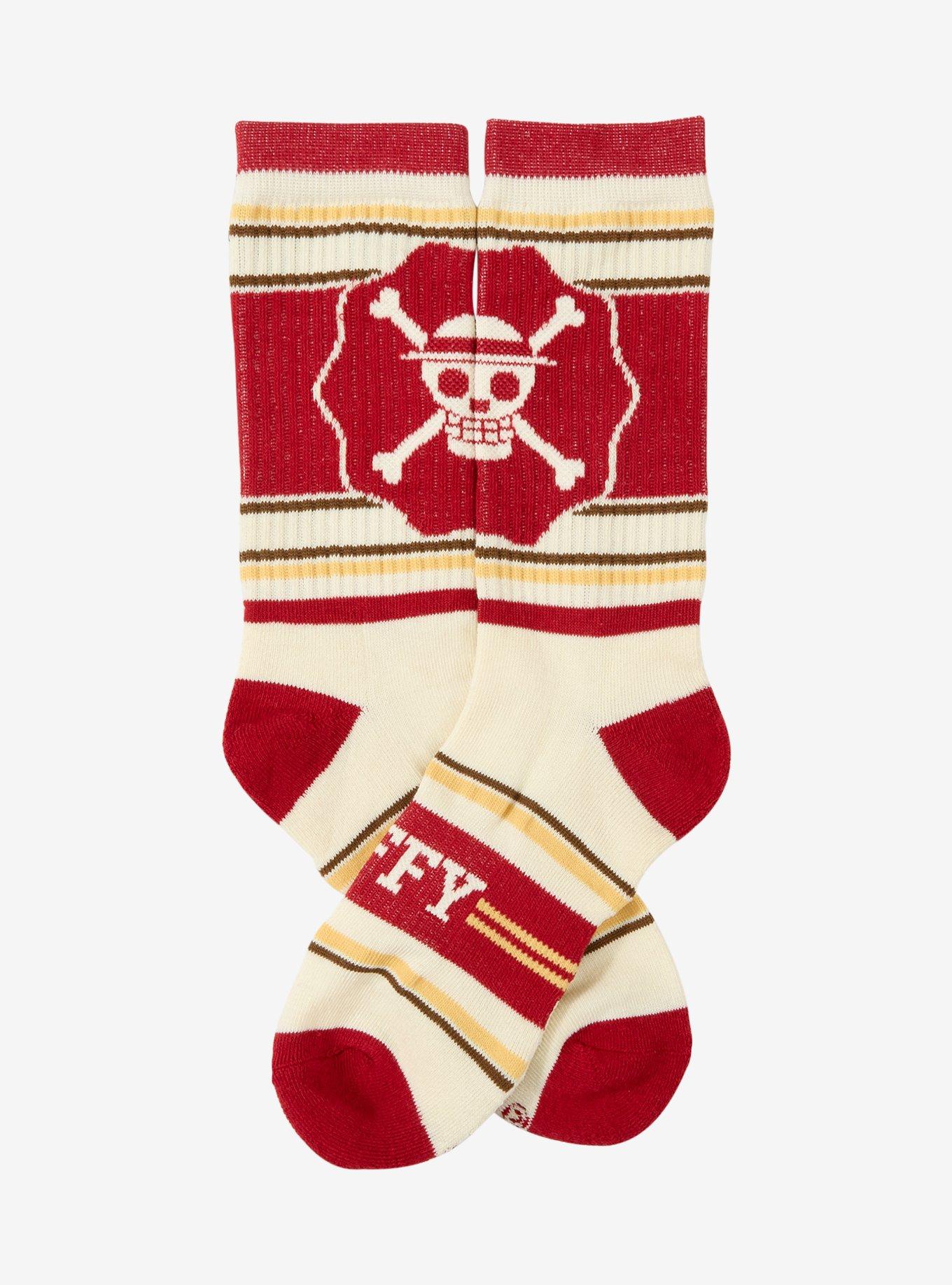 One Piece Monkey D. Luffy Jolly Roger Striped Crew Socks - BoxLunch Exclusive, , hi-res