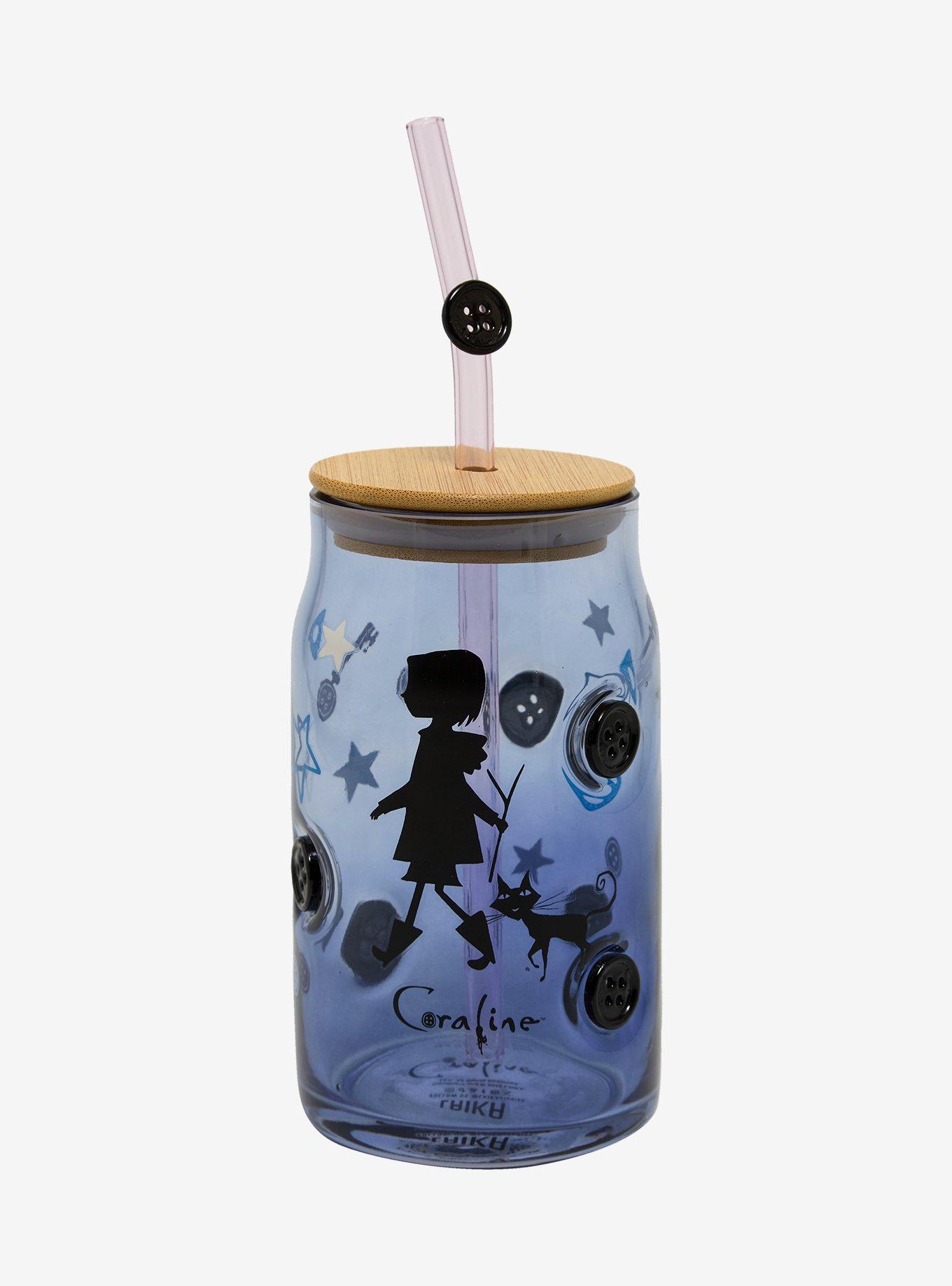 Coraline Button Silhouettes Glass Cup with Straw - BoxLunch Exclusive, , hi-res