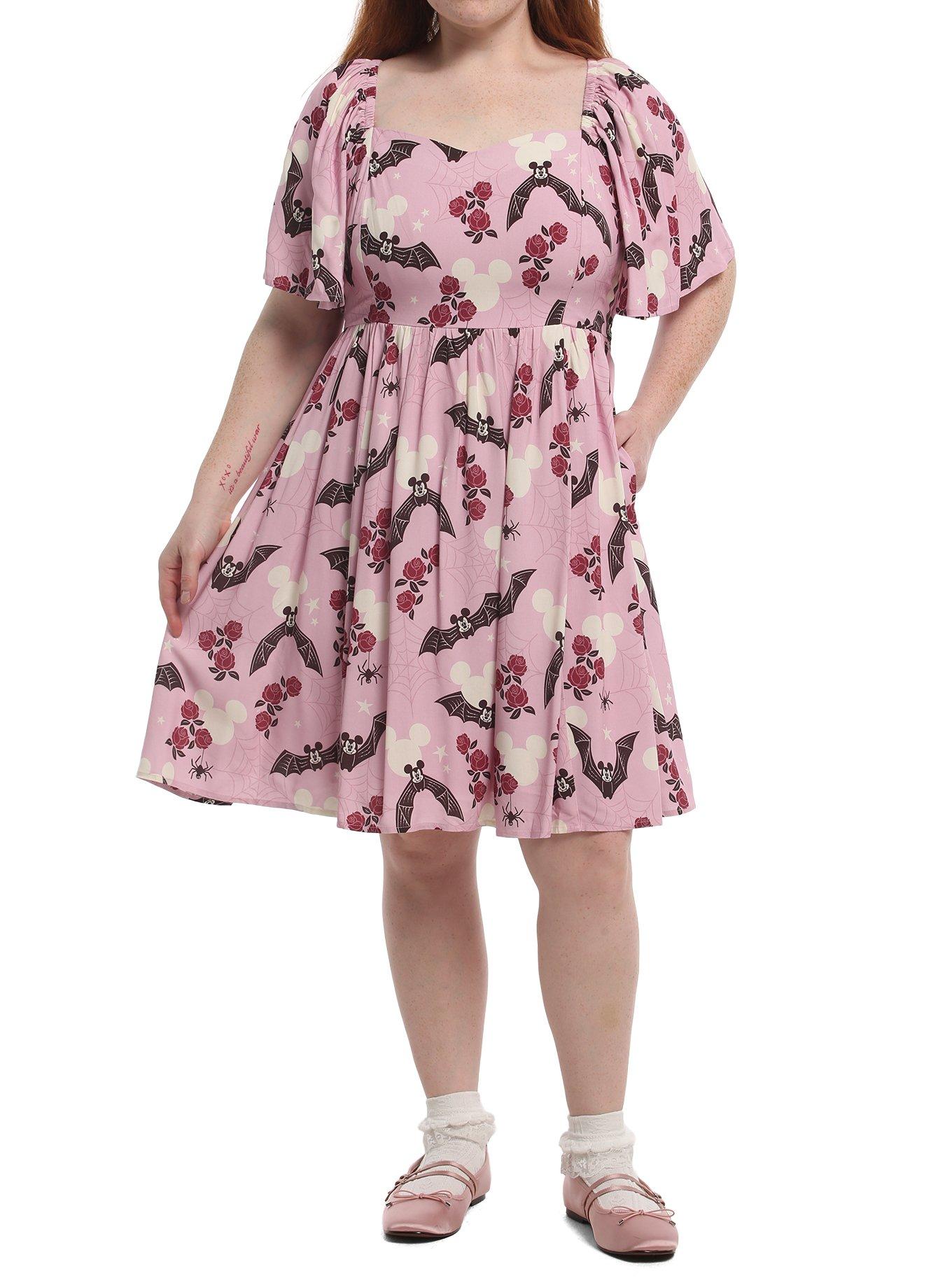 Her Universe Disney Mickey Bats Floral Allover Print Plus Size Flutter Sleeve Dress Her Universe Exclusive, , hi-res