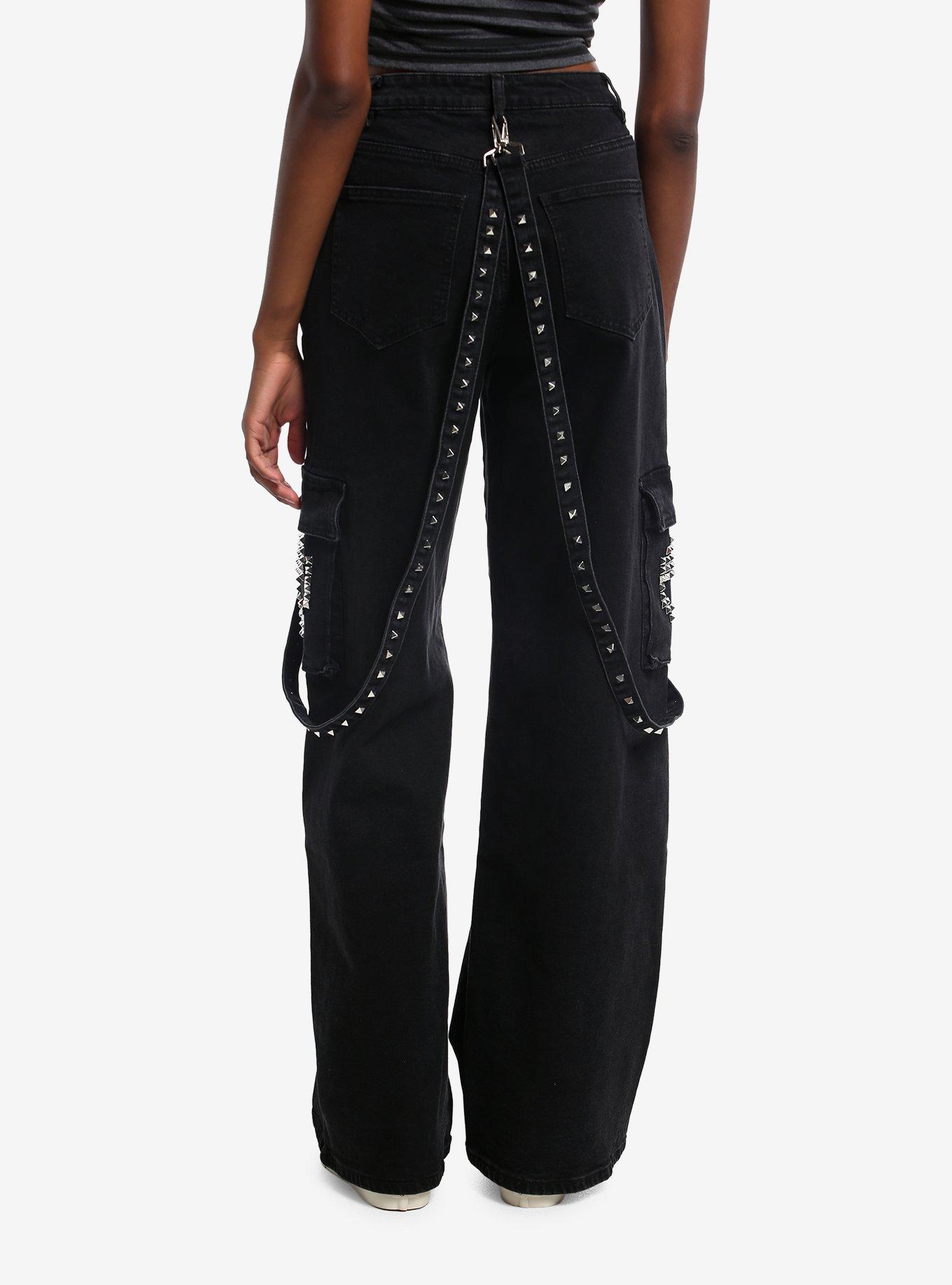 Pyramid Stud Skull Suspender Cargo Jeans, , hi-res