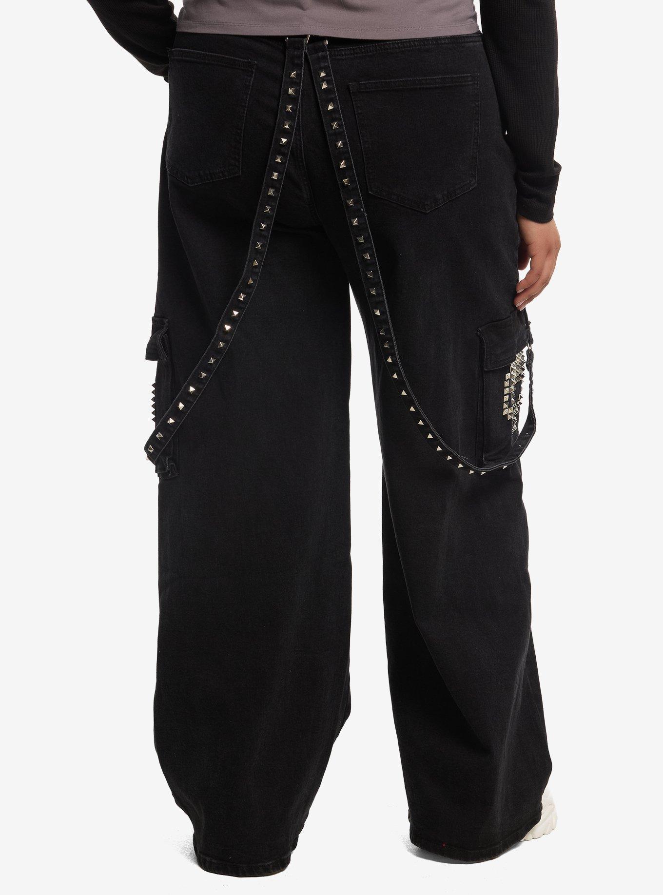 Pyramid Stud Skull Suspender Cargo Jeans Plus Size, , hi-res
