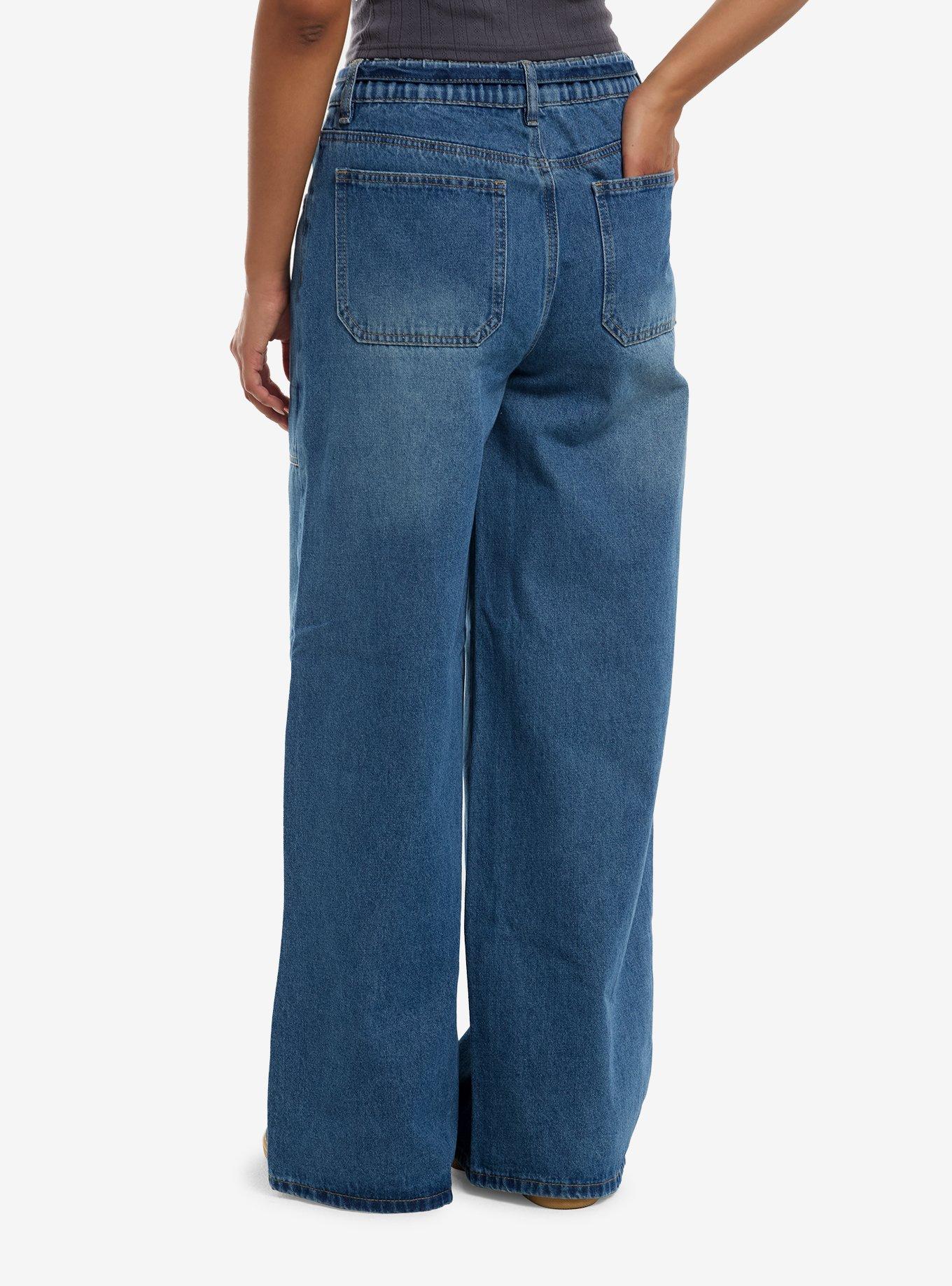 Blue Tie Waist Wide Leg Jeans, , hi-res