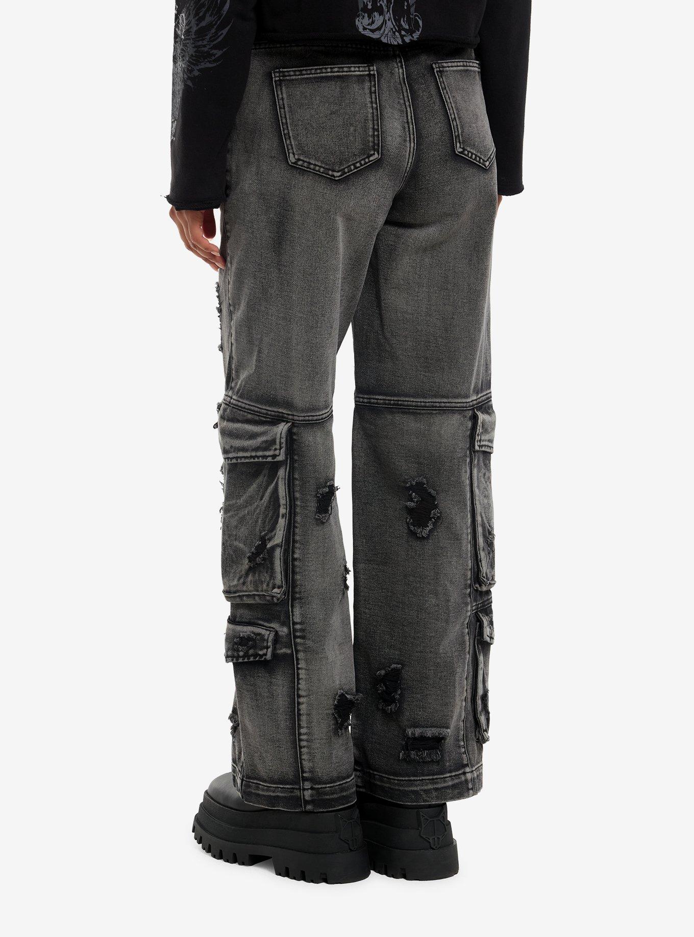 Black Destructed Cargo Wide Leg Jeans, , hi-res