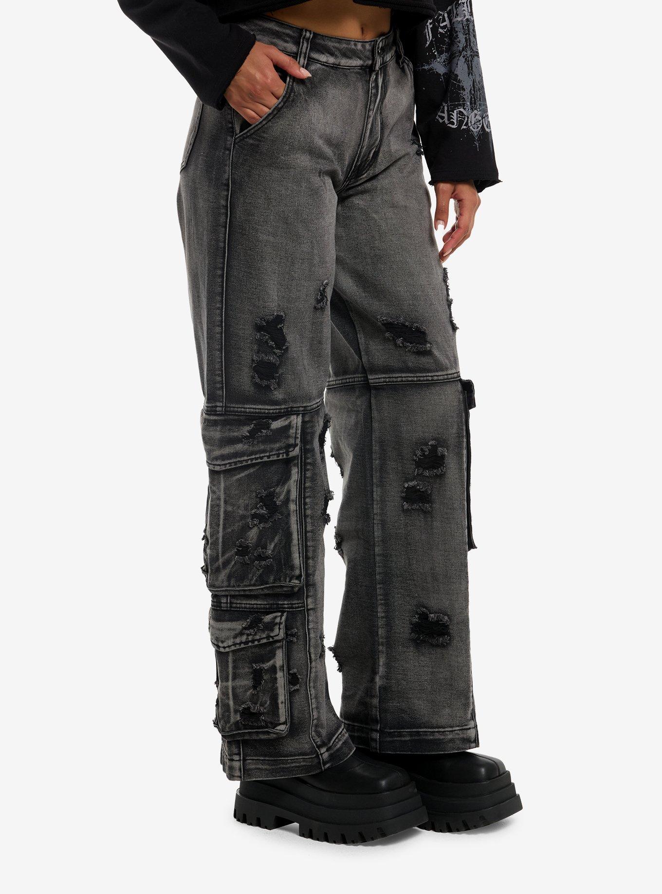 Black Destructed Cargo Wide Leg Jeans, MULTI, alternate