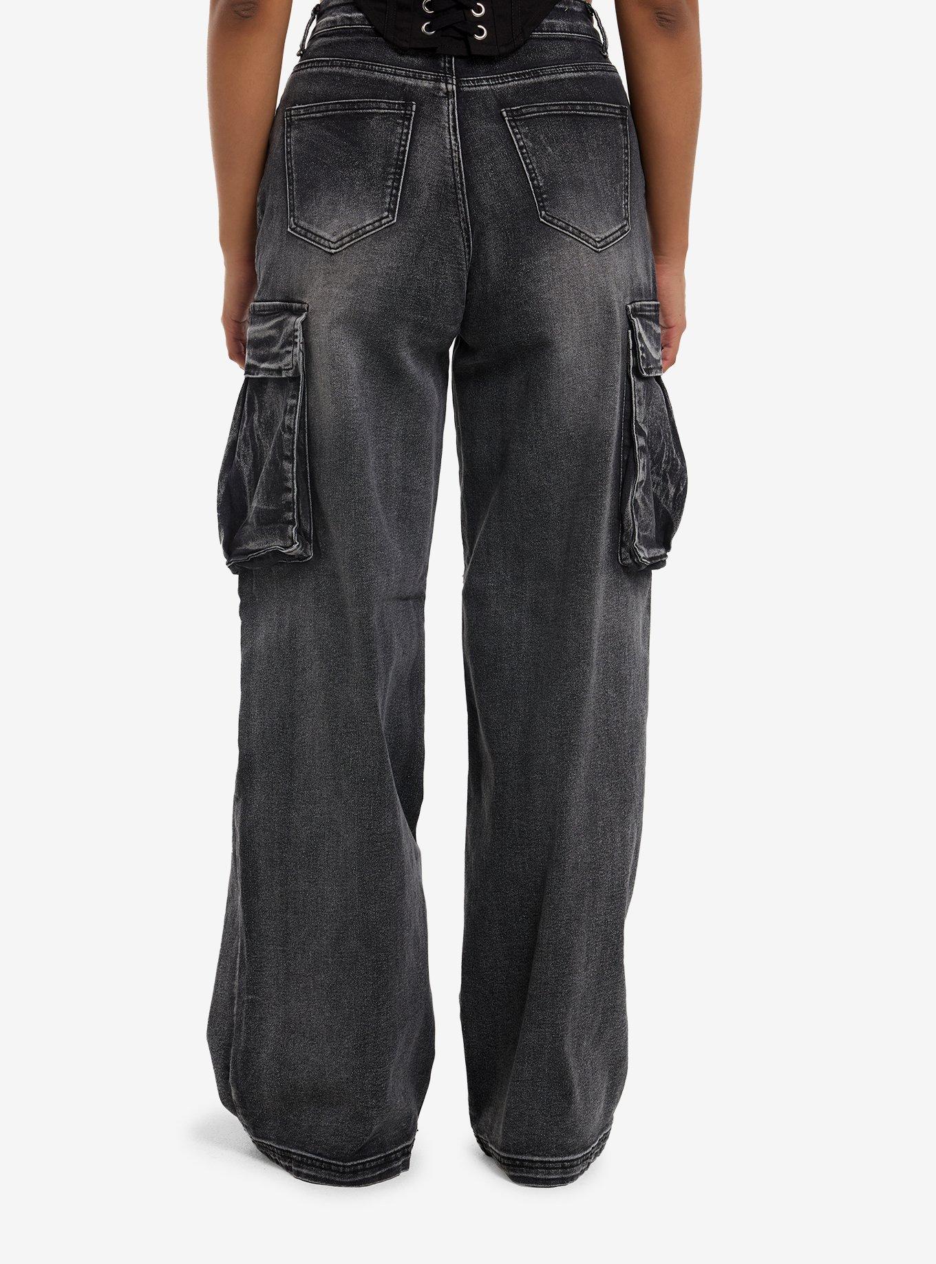 Black Wash Cargo Zipper Pocket Wide Leg Jeans, , hi-res