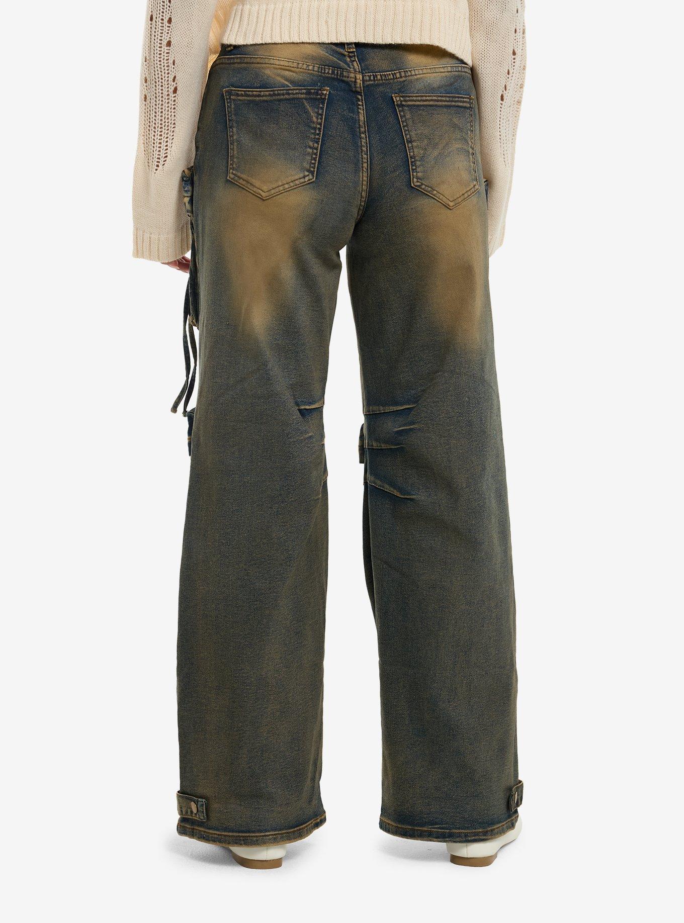 Blue & Brown Wash Cargo Wide Leg Jeans, , hi-res