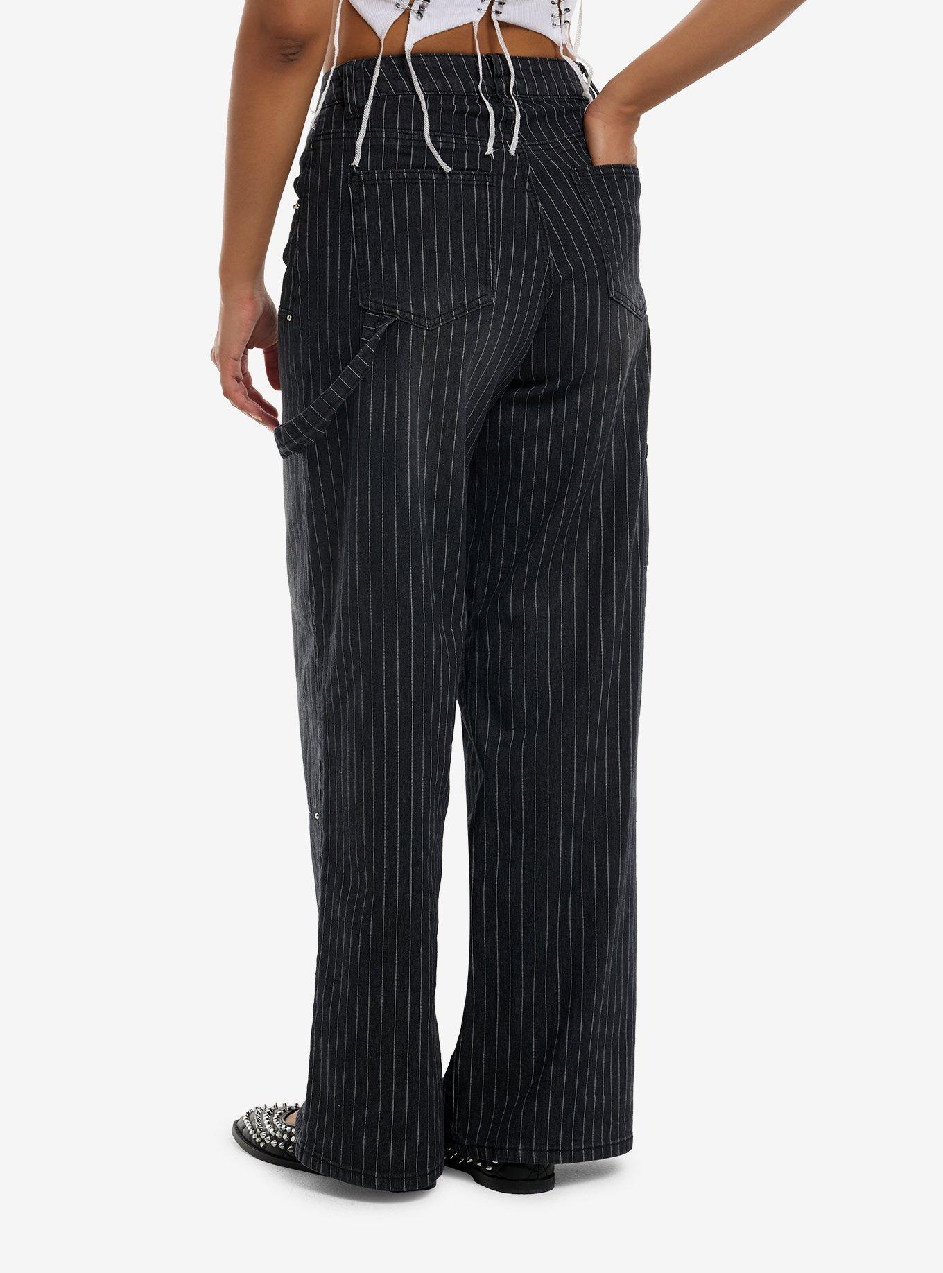 Black Pinstripe Rhinestone Wide Leg Pants, , hi-res