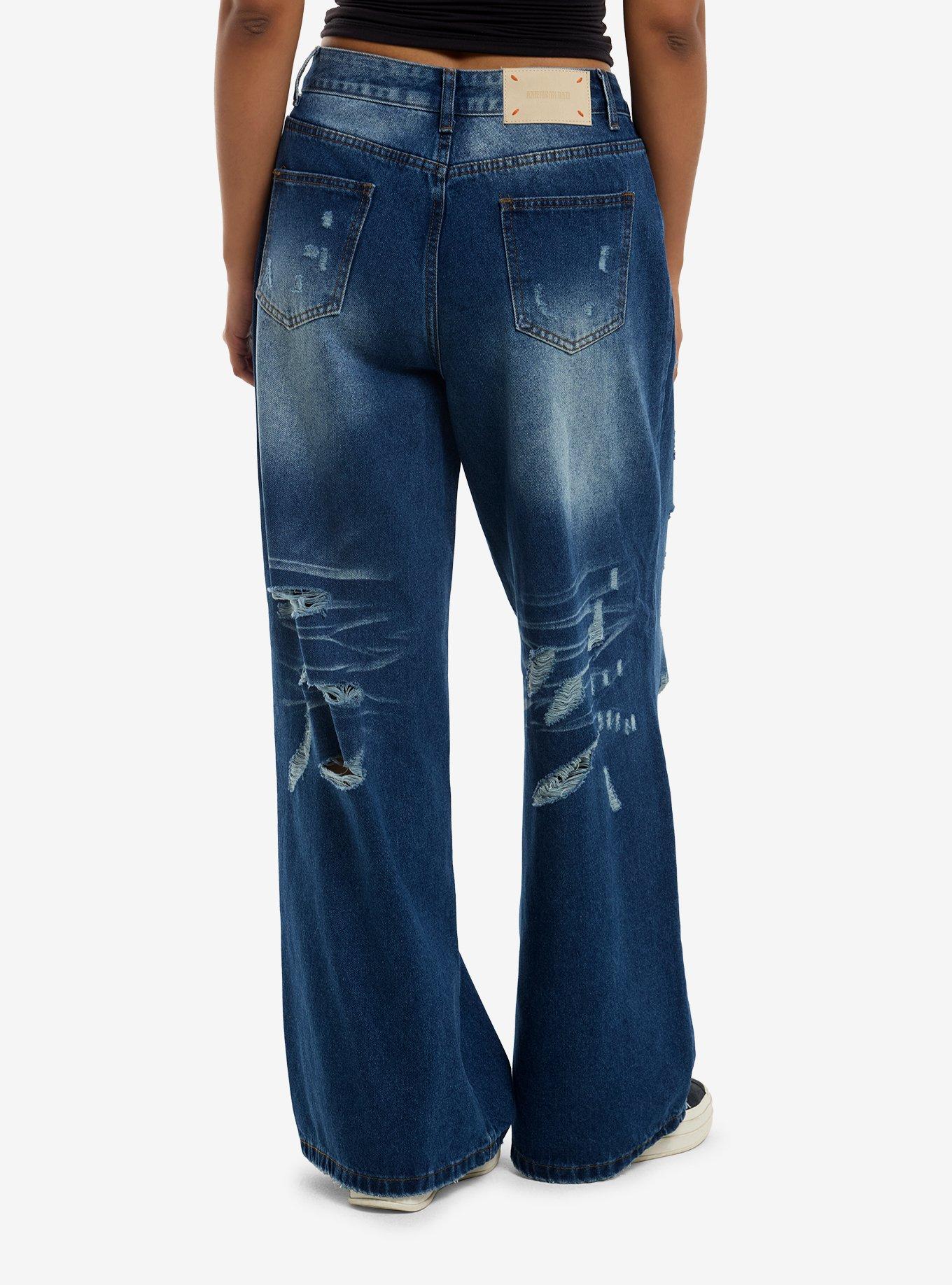 Blue Wash Destructed Wide Leg Jeans, , hi-res