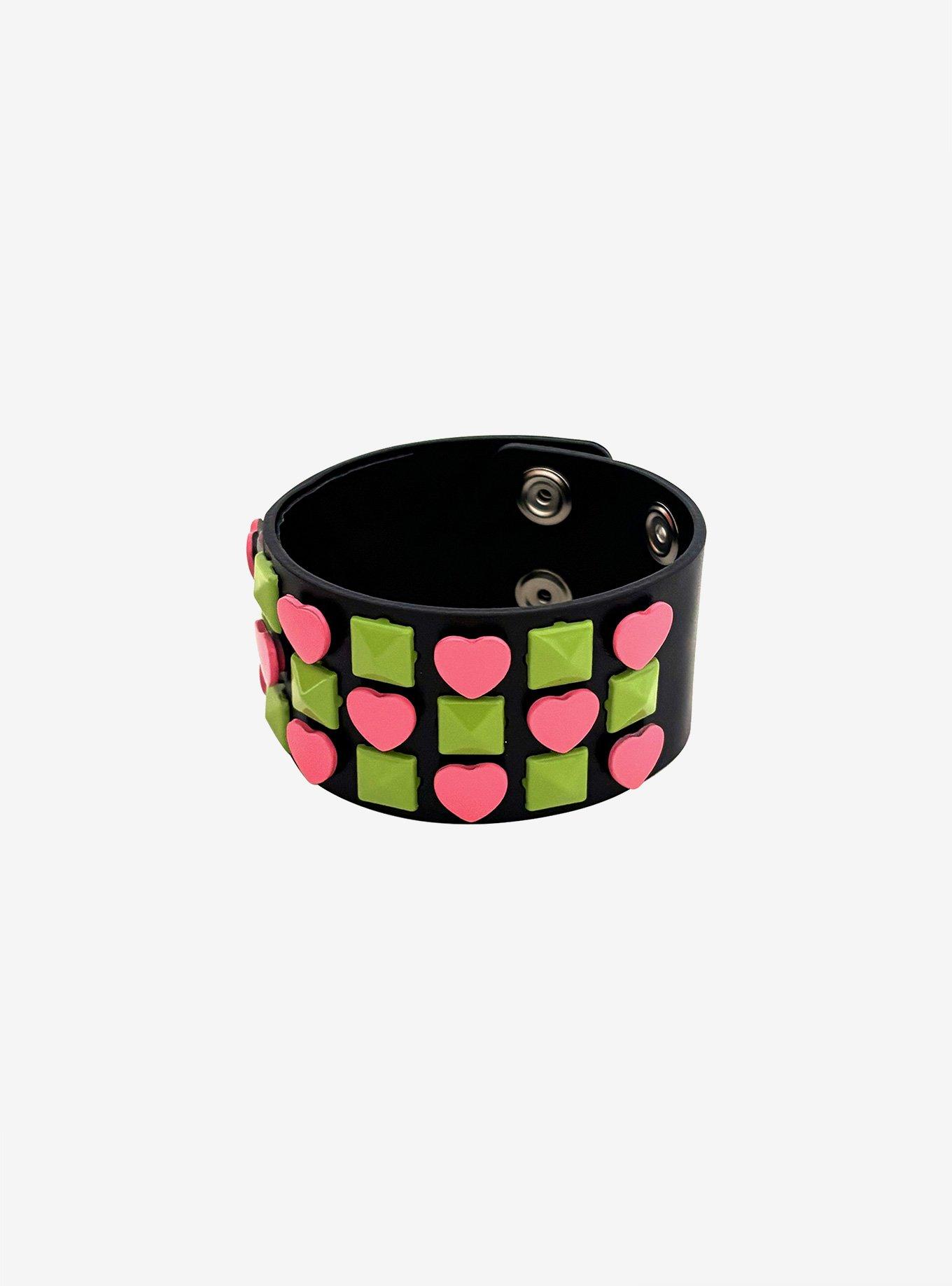 Pink Heart & Green Pyramid Stud Cuff Bracelet, , hi-res