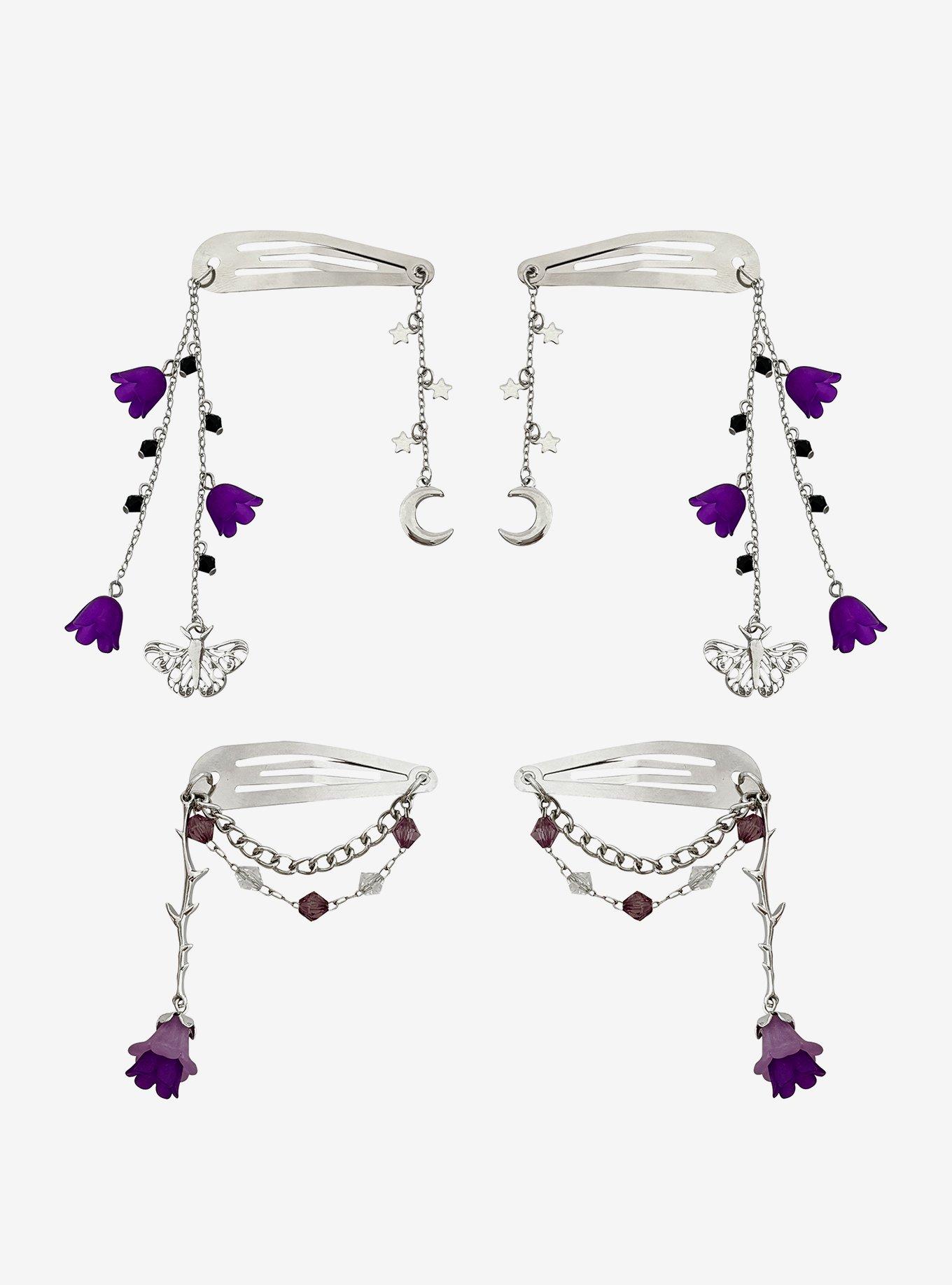 Cosmic Aura Purple Floral Moth Hair Clip Set, , hi-res