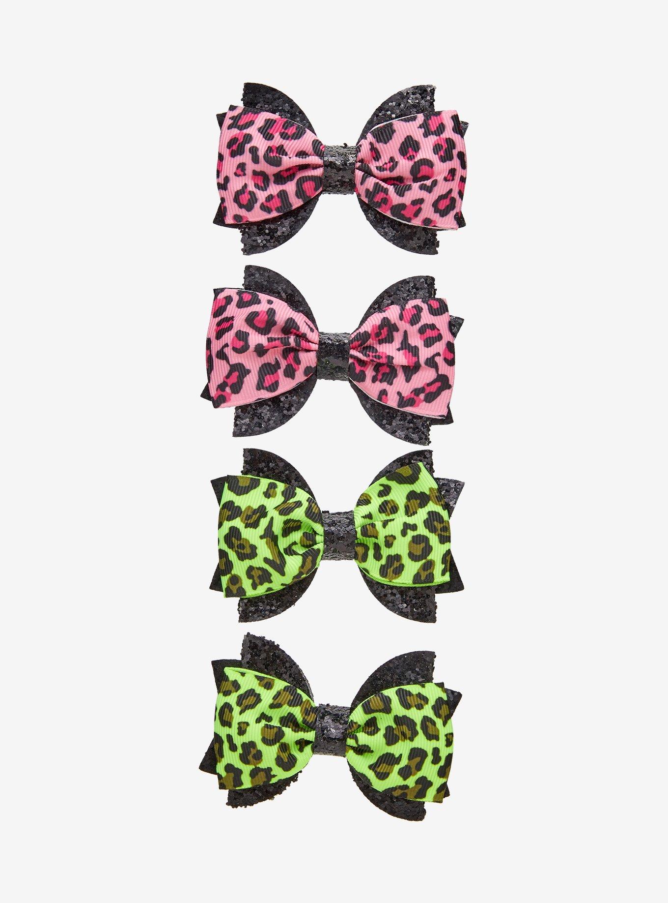 Pink & Green Leopard Hair Bow Set, , hi-res
