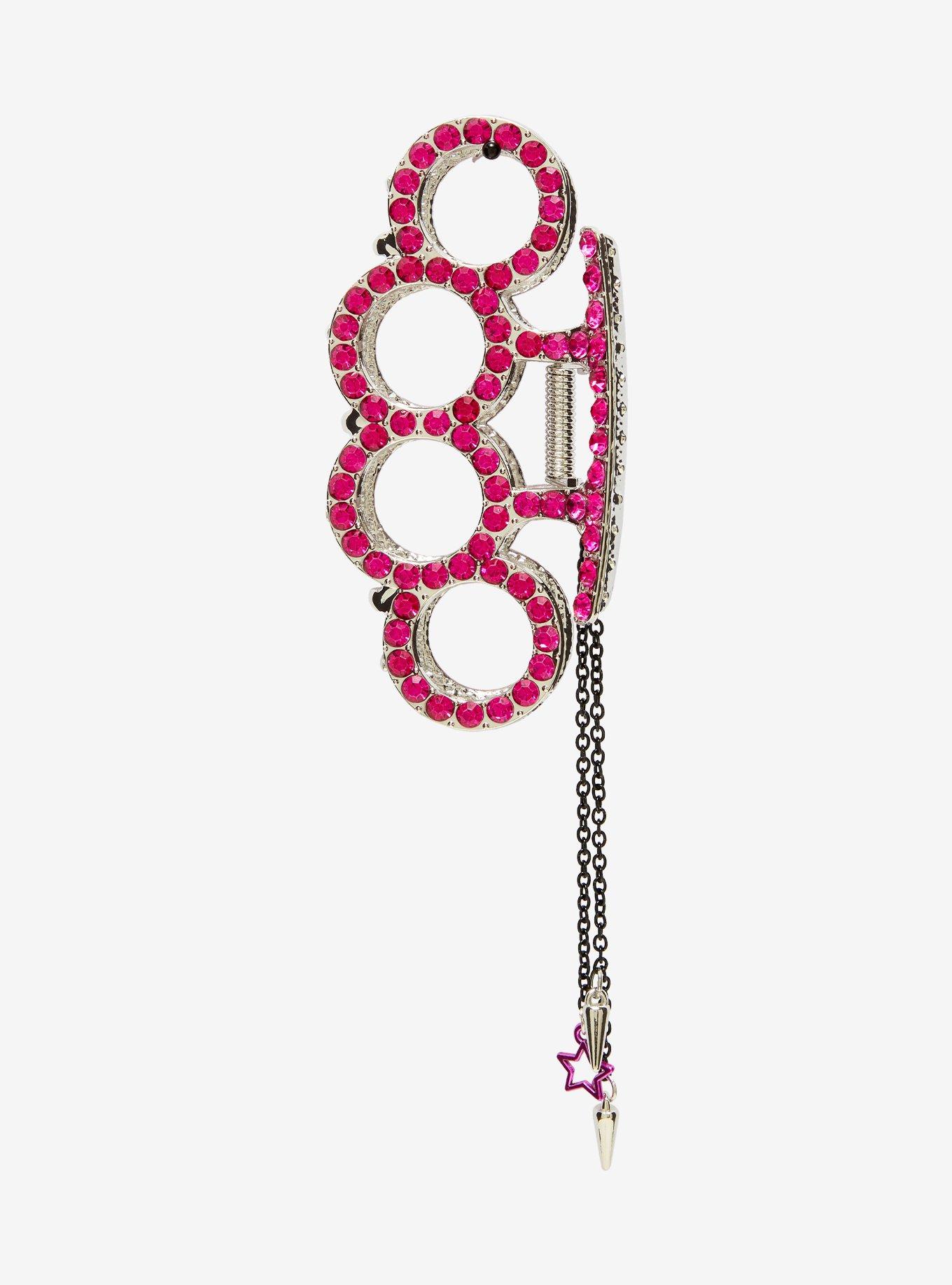 Pink Rhinestone Brass Knuckle Claw Hair Clip, , hi-res