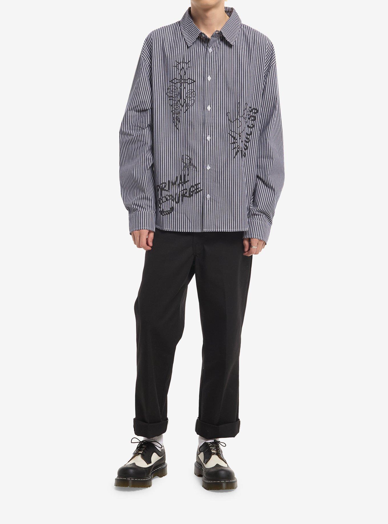 Grey & White Pinstripe Icon Print Woven Button-Up, , hi-res