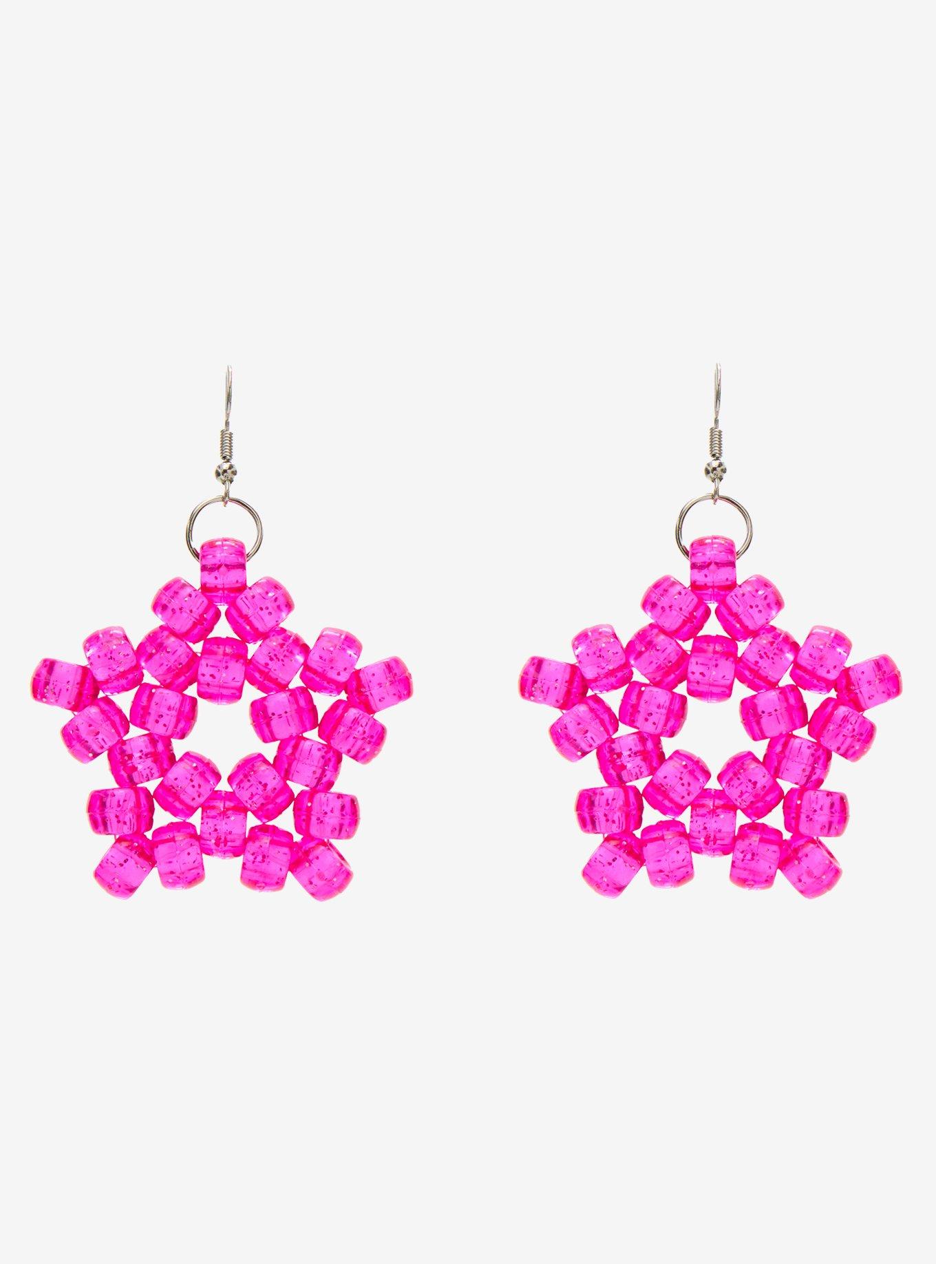 Pink Beaded Star Drop Earrings, , hi-res