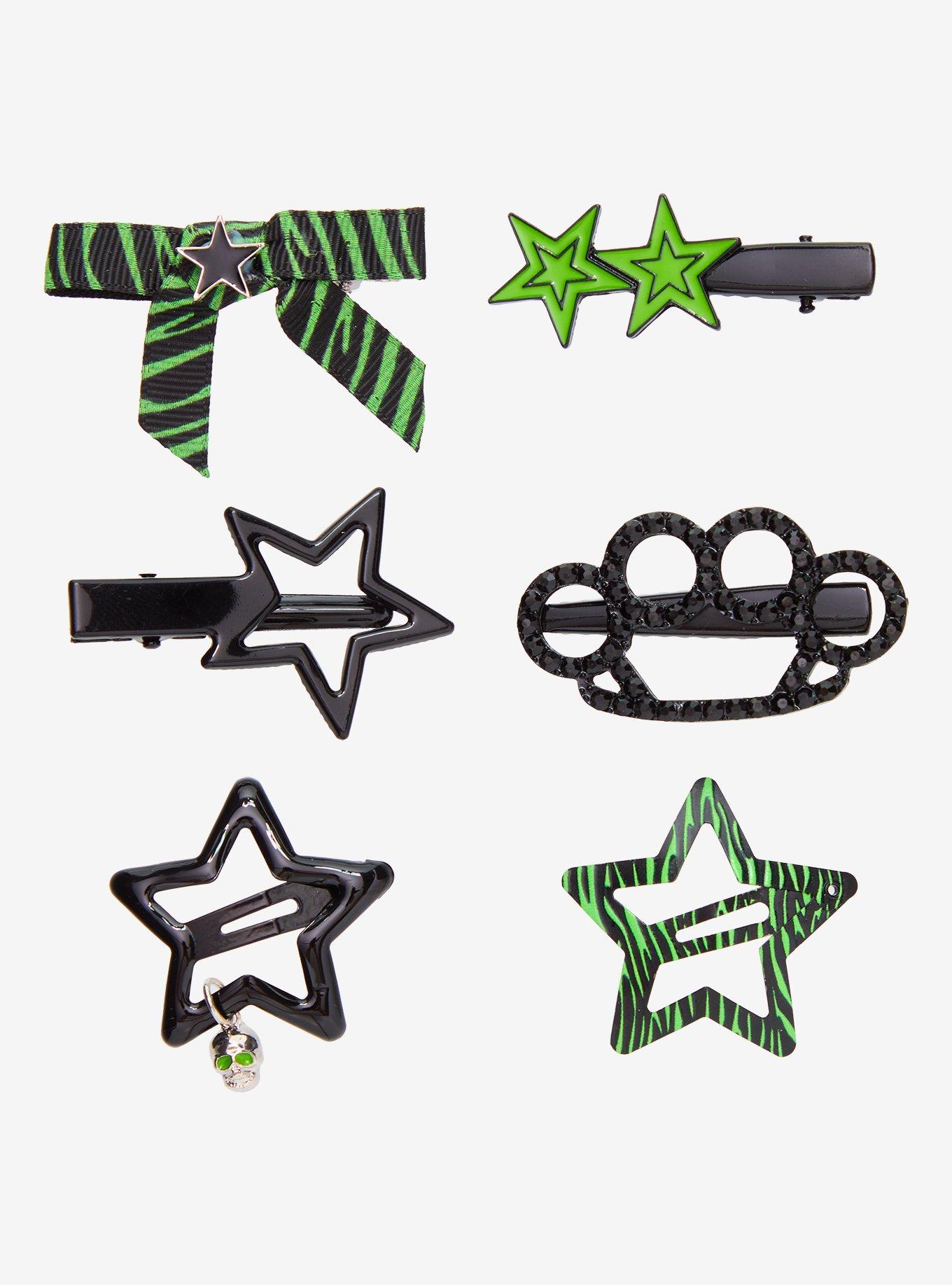 Black & Green Zebra Star Hair Clip Set, , hi-res