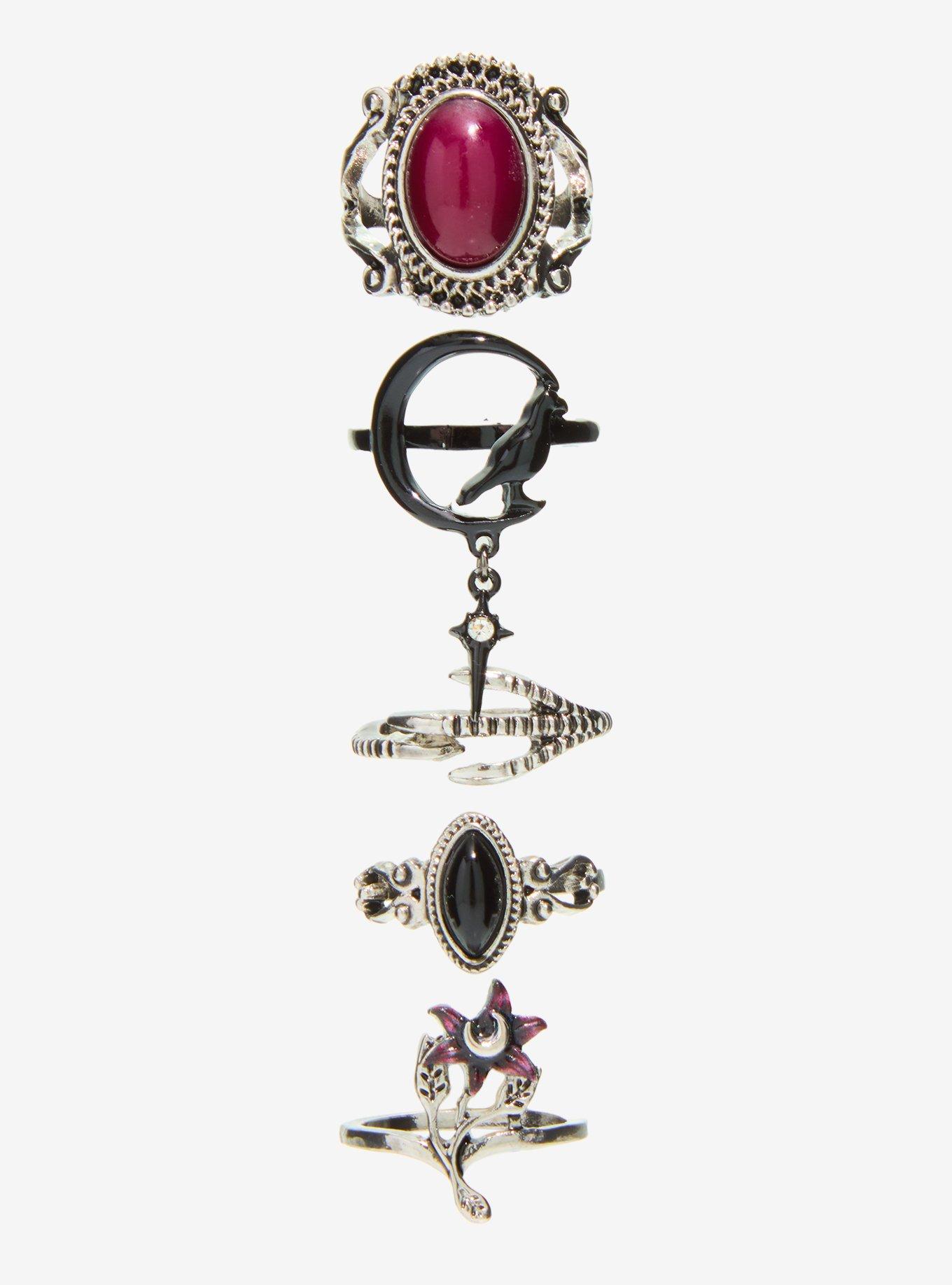 Cosmic Aura Raven Floral Gem Ring Set, , hi-res