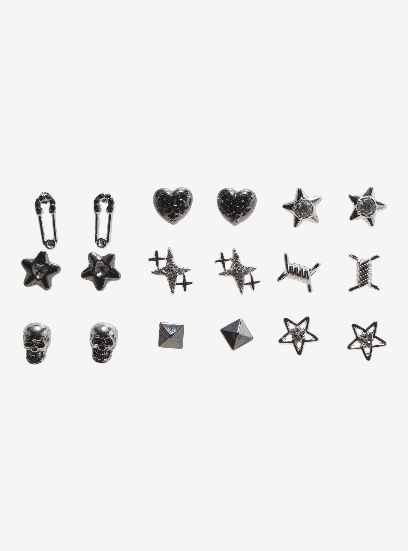 Social Collision Star Puffy Heart Skull Stud Earring Set, , hi-res