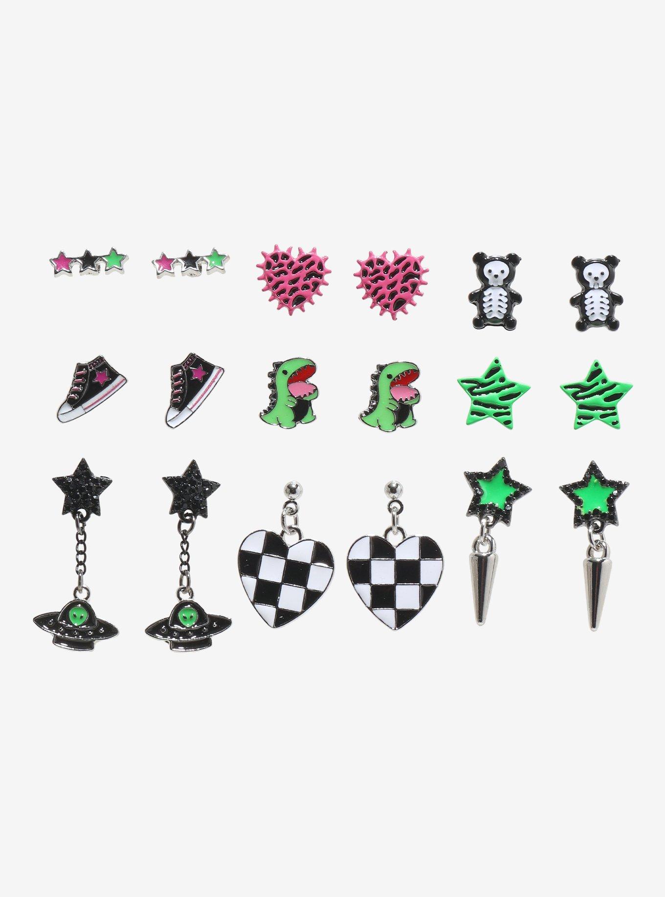 Dinosaur Star Checkered Heart Stud Earring Set, , hi-res