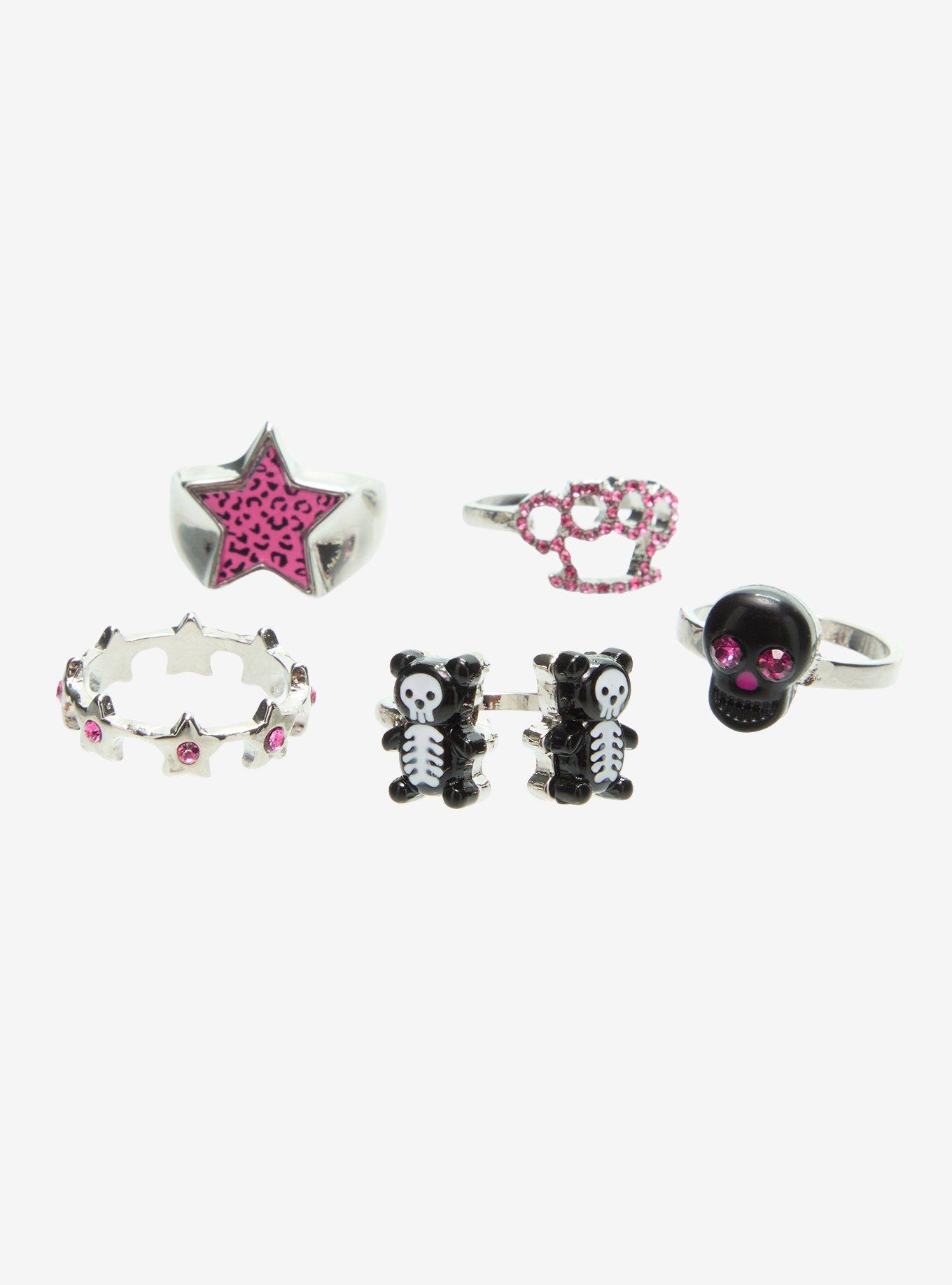 Skeleton Bears Pink Rhinestone Star Ring Set, , hi-res