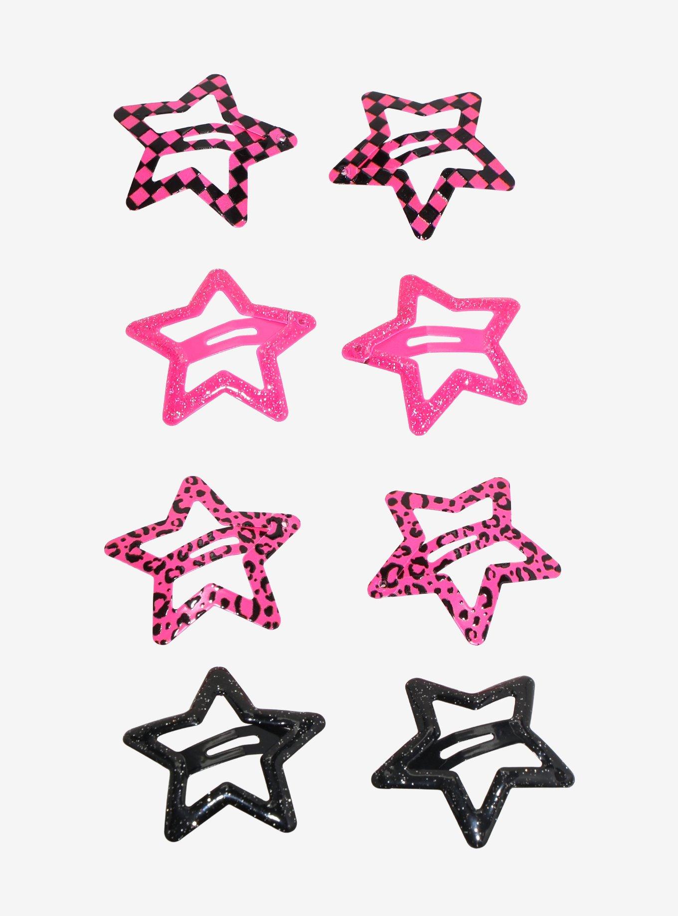 Black & Pink Checkered Leopard Star Hair Clip Set, , hi-res
