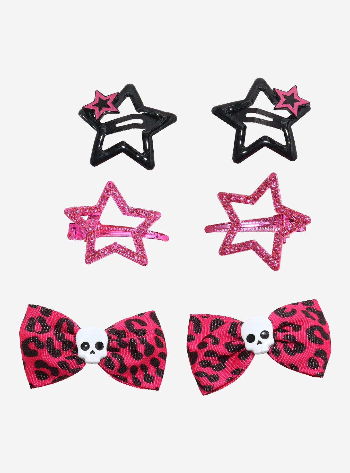 Black & Pink Star Leopard Bow Hair Clip Set, , hi-res