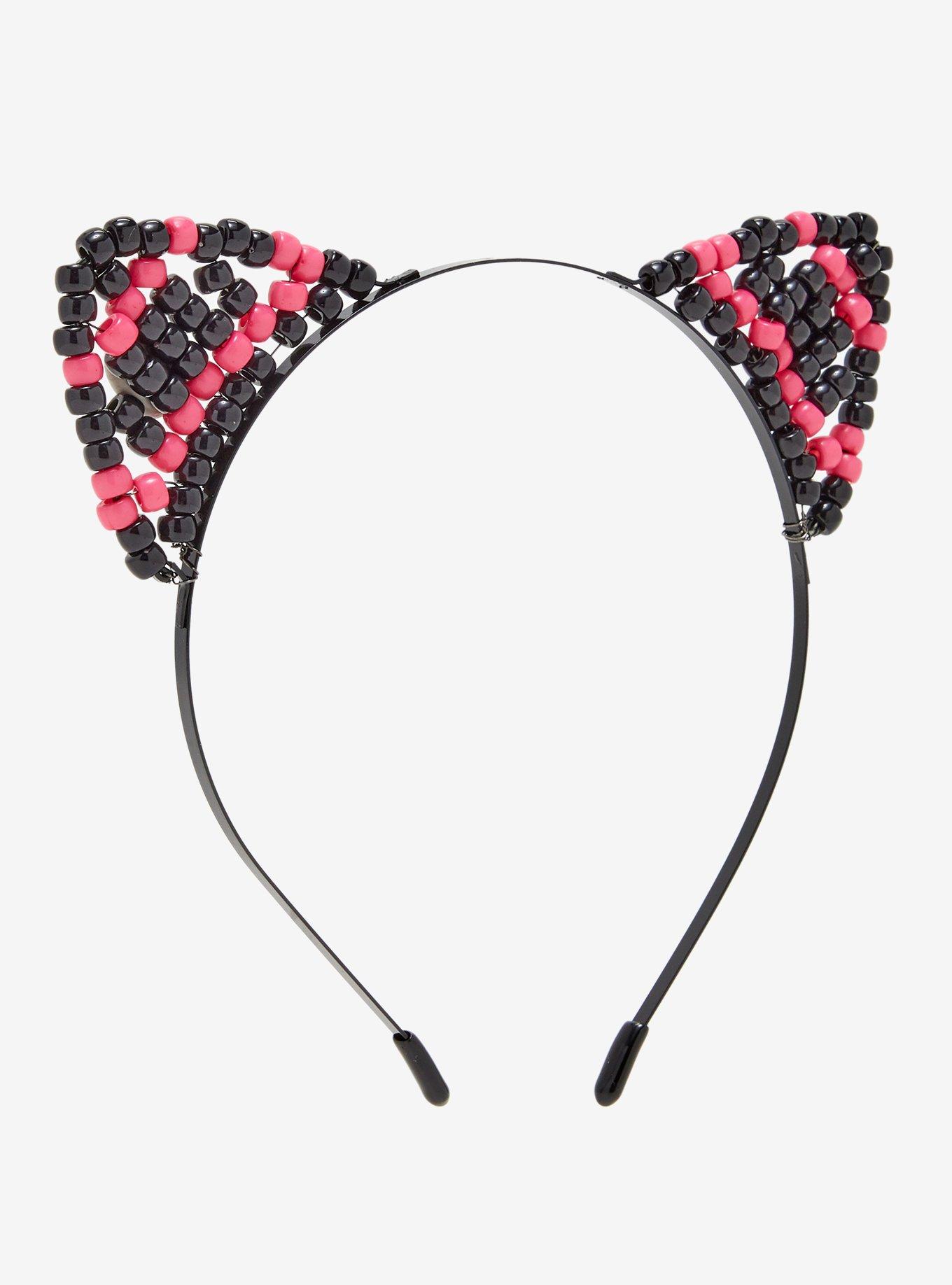 Pink & Black Bead Cat Ears Headband, , hi-res