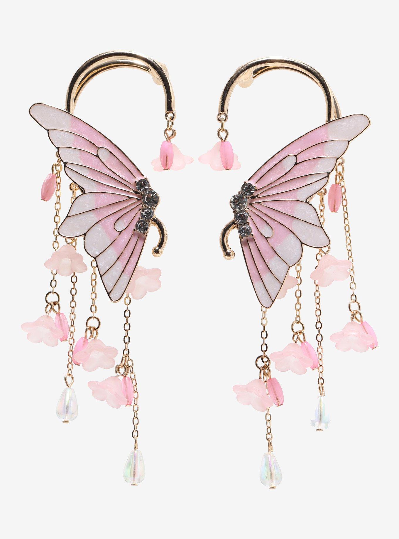 Thorn & Fable Pink Wing Floral Bead Ear Cuff Set, , hi-res