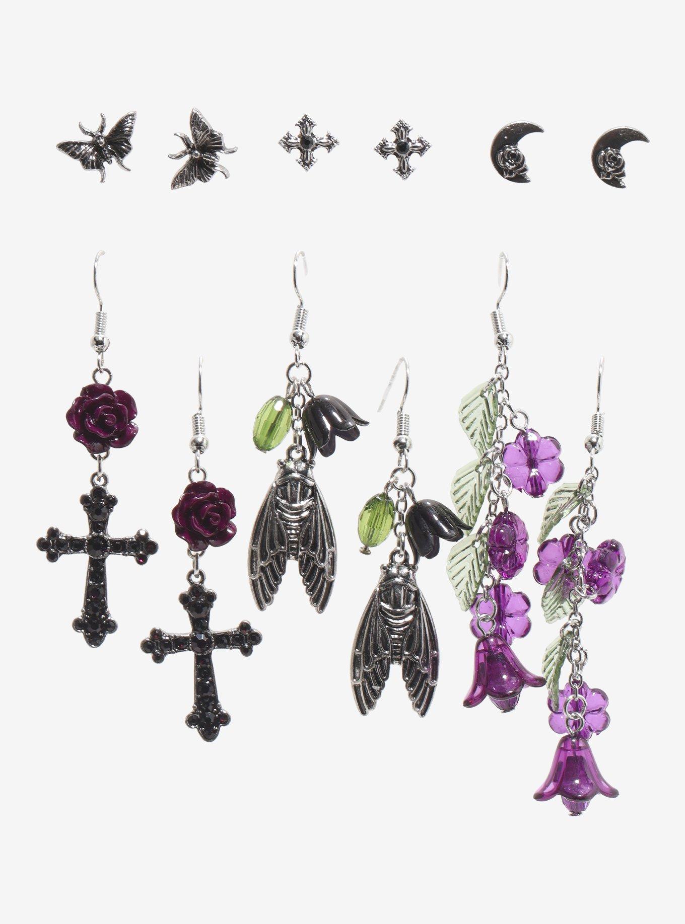 Cosmic Aura Dark Flower Cicada Earring Set, , hi-res