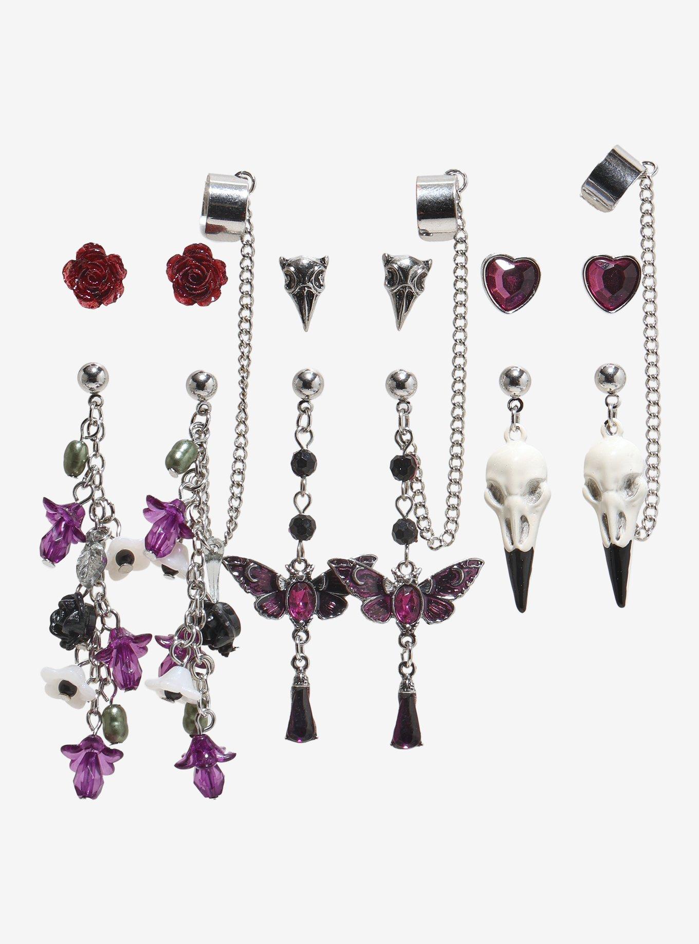 Cosmic Aura Bird Skull Dark Floral Earring Set, , hi-res