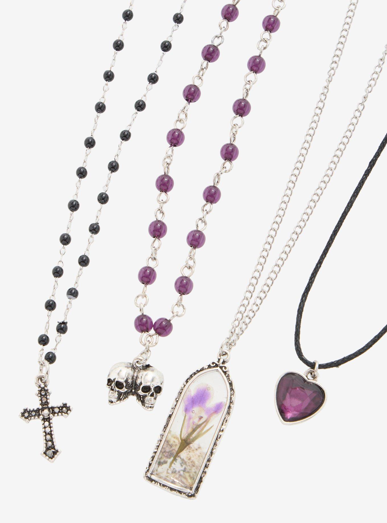 Cosmic Aura Goth Flower Skull Necklace Set, , hi-res