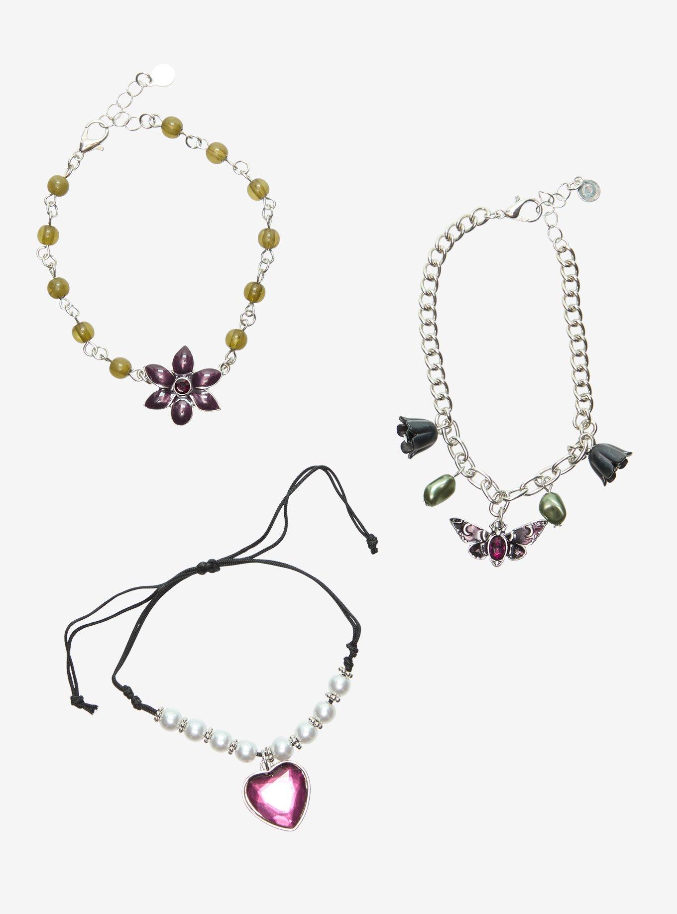 Cosmic Aura Dark Purple Gem Flower Heart Bracelet Set, , hi-res