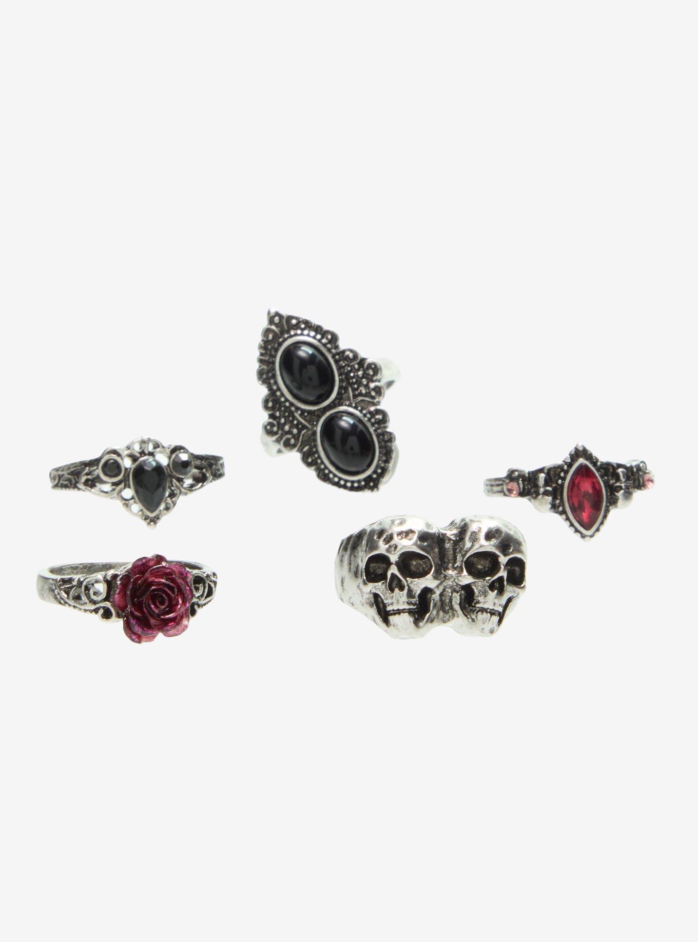Cosmic Aura Double Skull Rose Ring Set, , hi-res