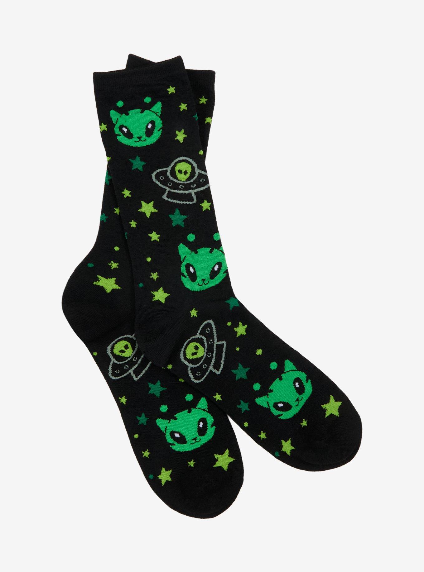 Green & Black Alien Cat Crew Socks, , hi-res