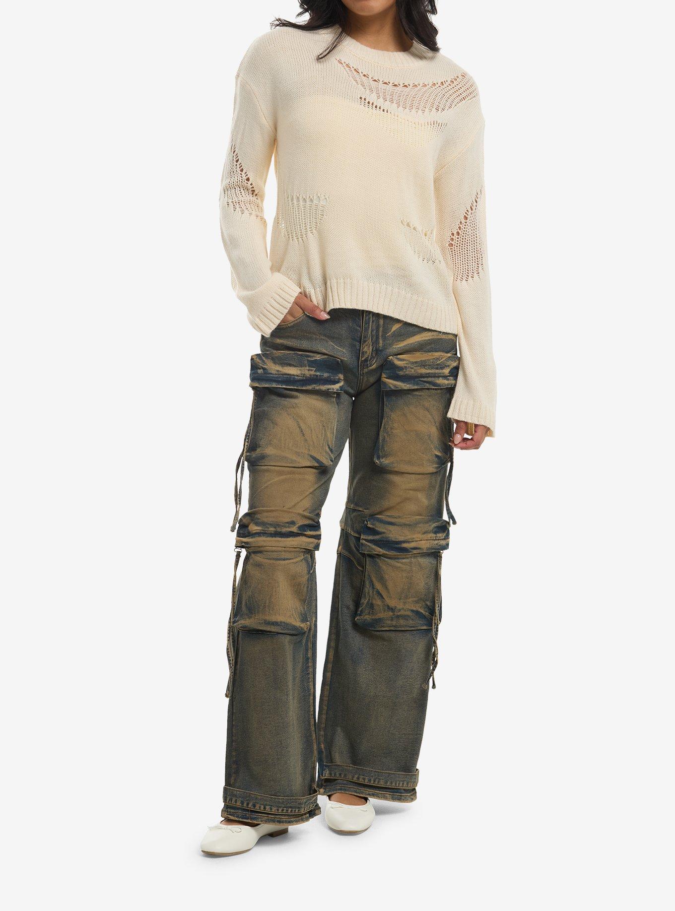 Cream Distressed Girls Knit Sweater, , hi-res