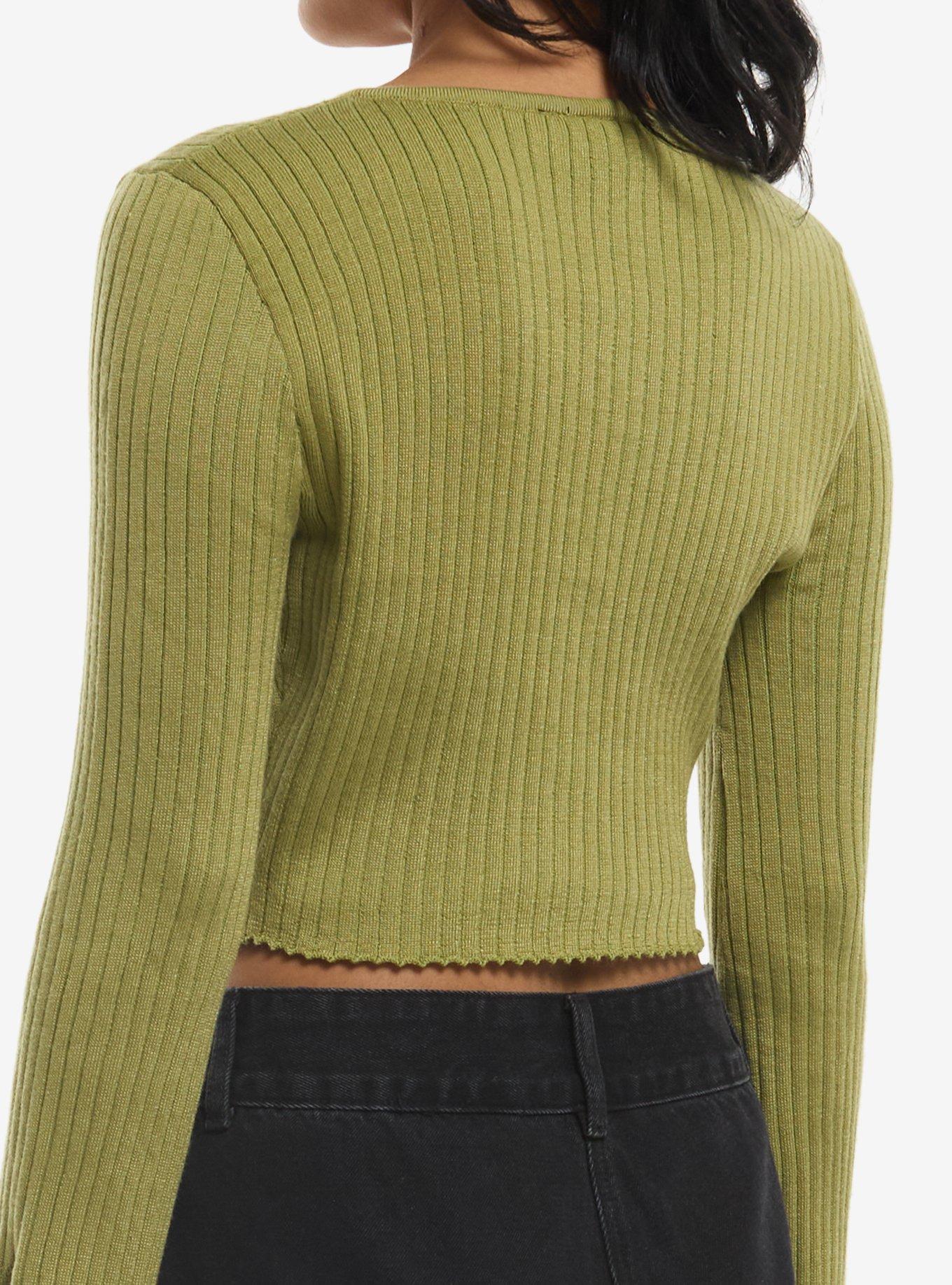 Light Green Ribbed Girls Tie-Front Cardigan, , hi-res