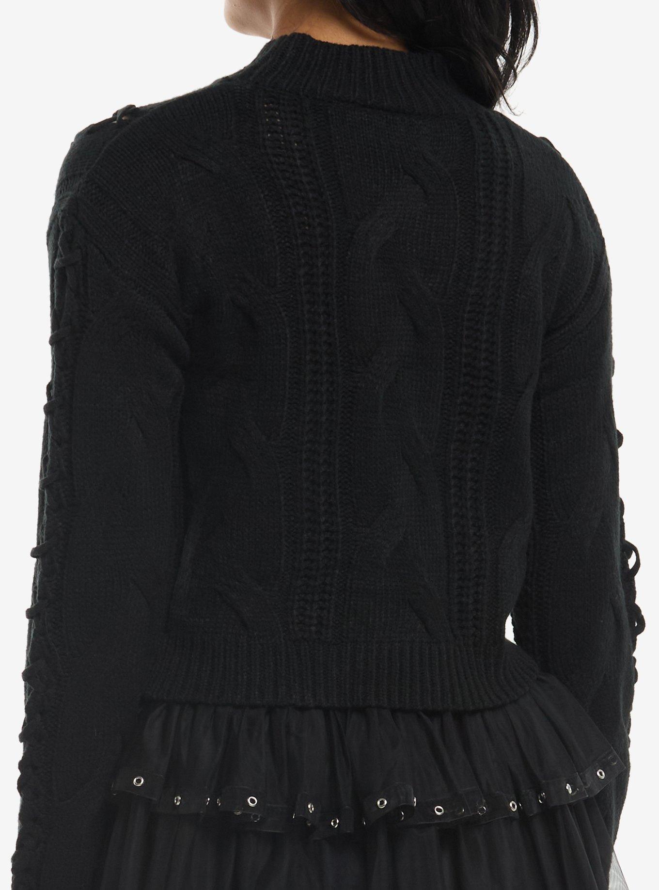 Black Cable Knit Lace-Up Girls Crop Sweater, , hi-res