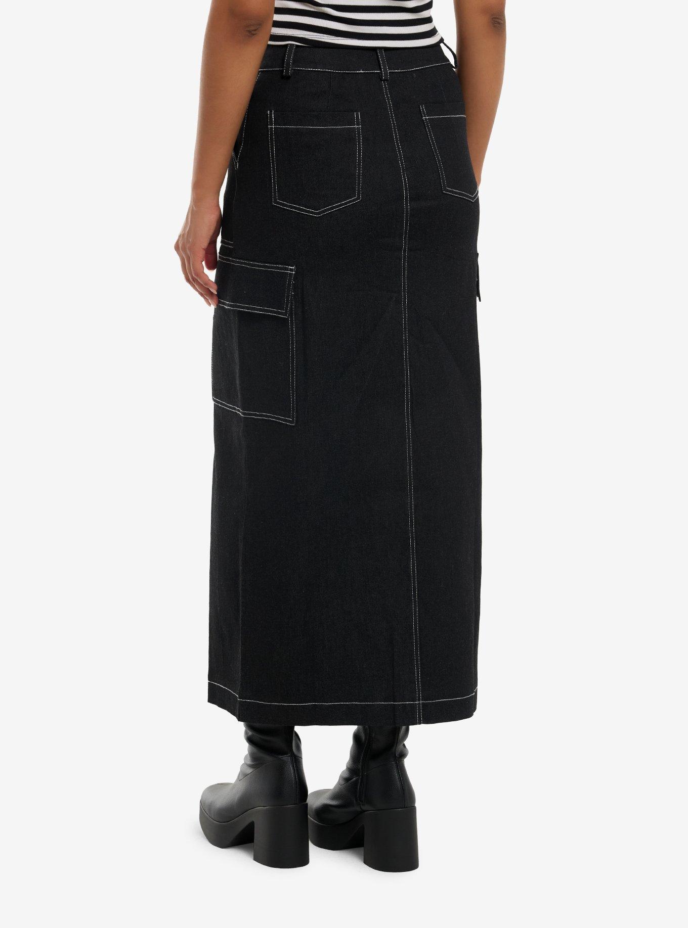 Black & White Contrast Stitch Denim Midaxi Skirt, , hi-res