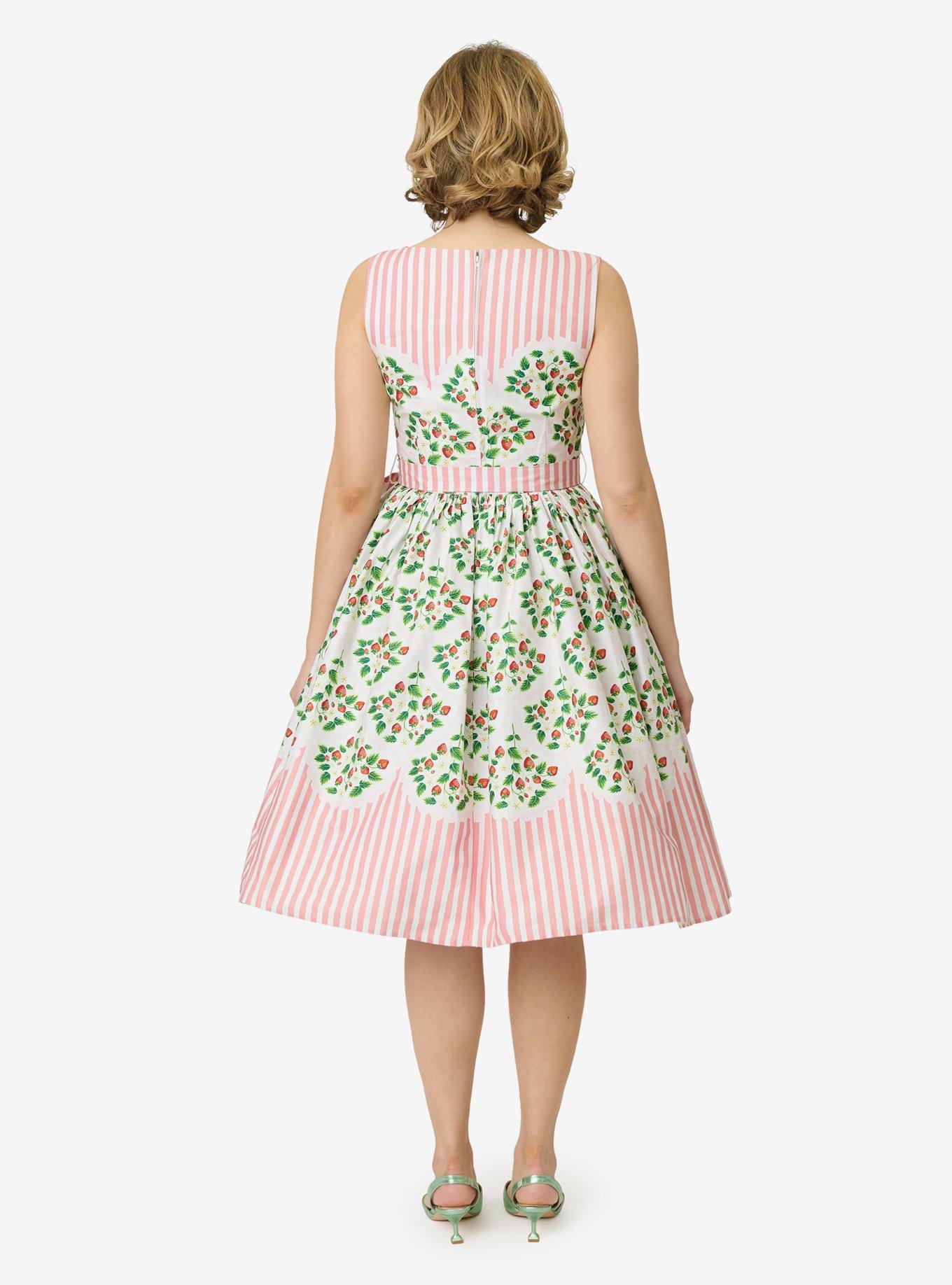 Unique Vintage Strawberry & Stripe Sleeveless Cotton Swing Dress, PINK, alternate