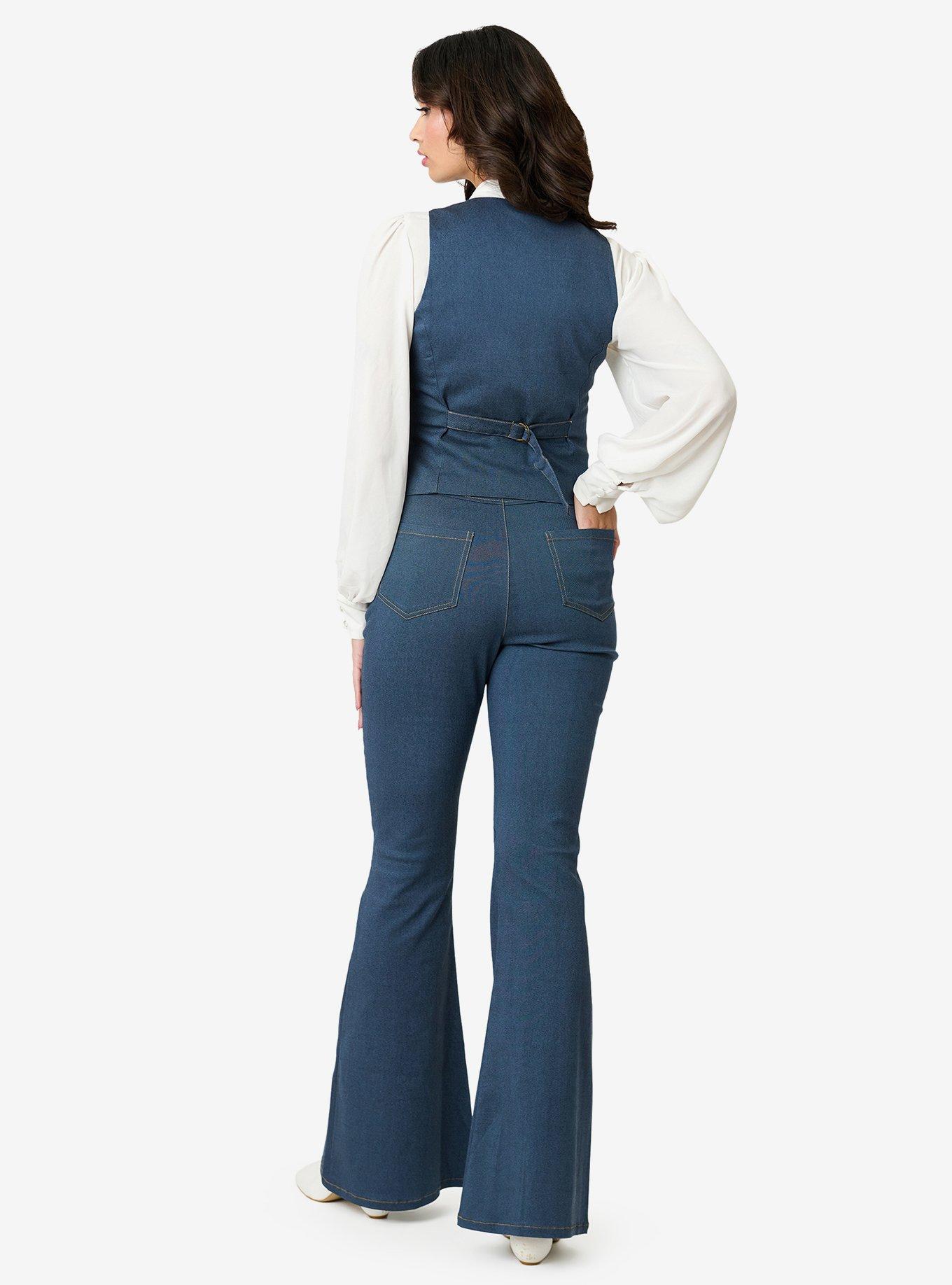 Unique Vintage Denim Strawberry Embroidered Flare Pants, , hi-res