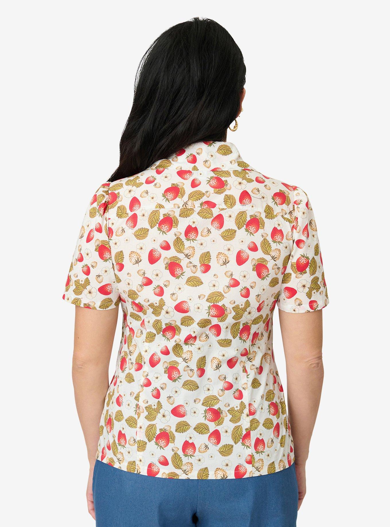 Unique Vintage 1960s Strawberry Print Cotton Blouse, , hi-res